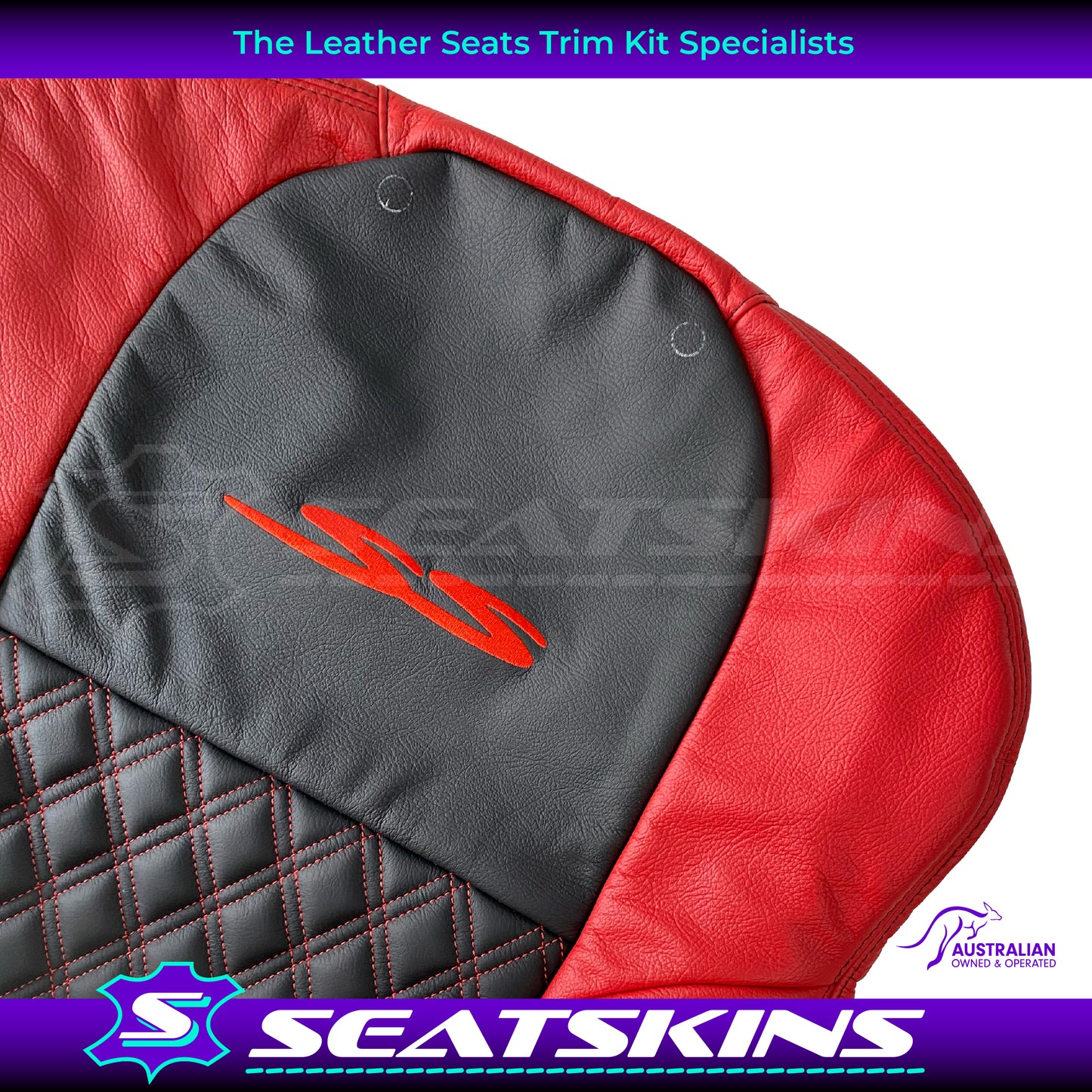 LEATHER SEATS TRIM KIT FOR VT/VX SS UTE 2 FRONT SEATS RED/BLACK DIAMOND STITCH