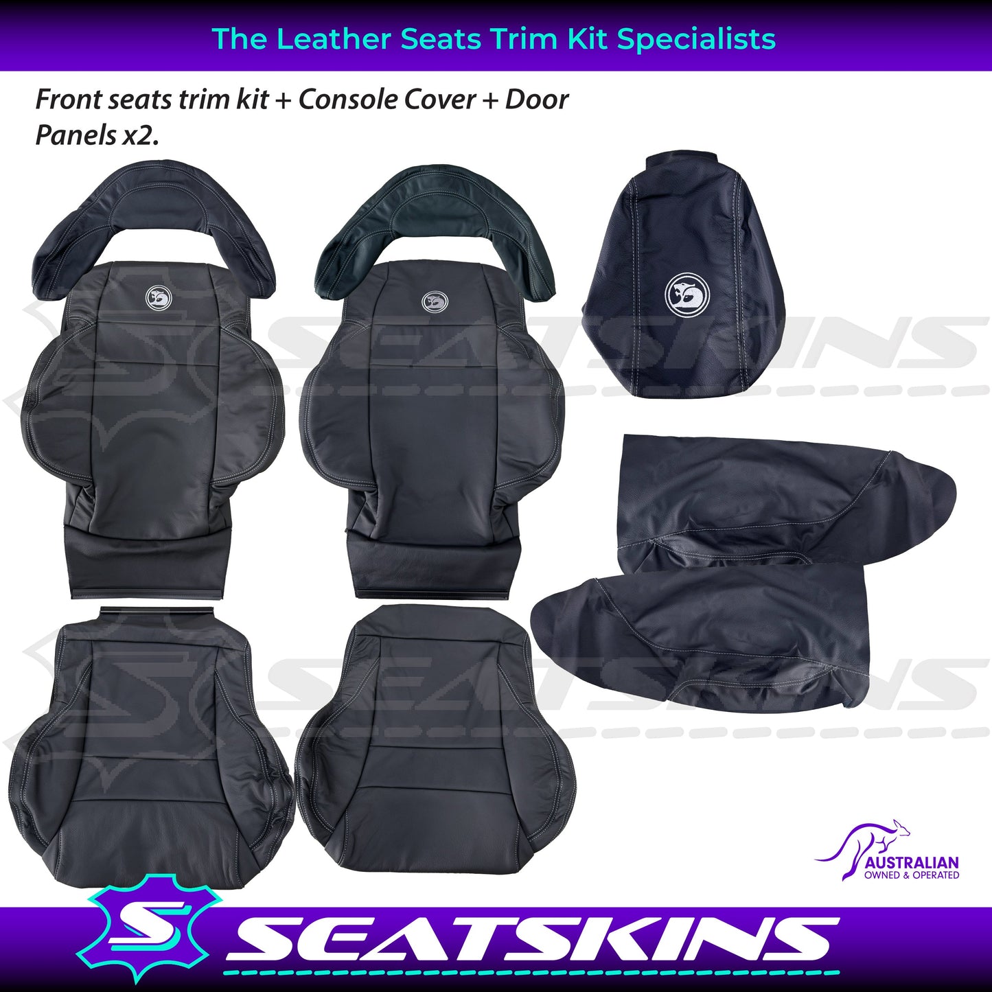 LEATHER SEATS TRIM KIT FOR HSV COULSON 2 SEATS BLACK WITH SILVER STITCH