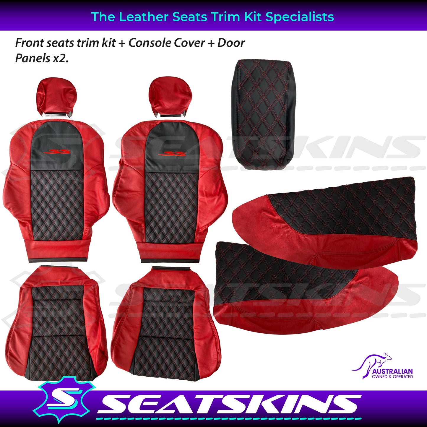 LEATHER SEATS TRIM KIT FOR VT/VX SS UTE 2 FRONT SEATS RED/BLACK DIAMOND STITCH
