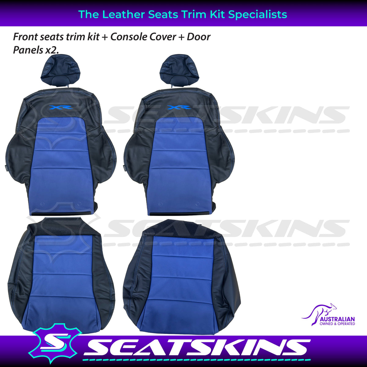 LEATHER SEATS TRIM KIT SKINS FOR FORD BA/BF FALCON FRONT 2 SEATS BLUE XR LOGO BLUE INSERTS