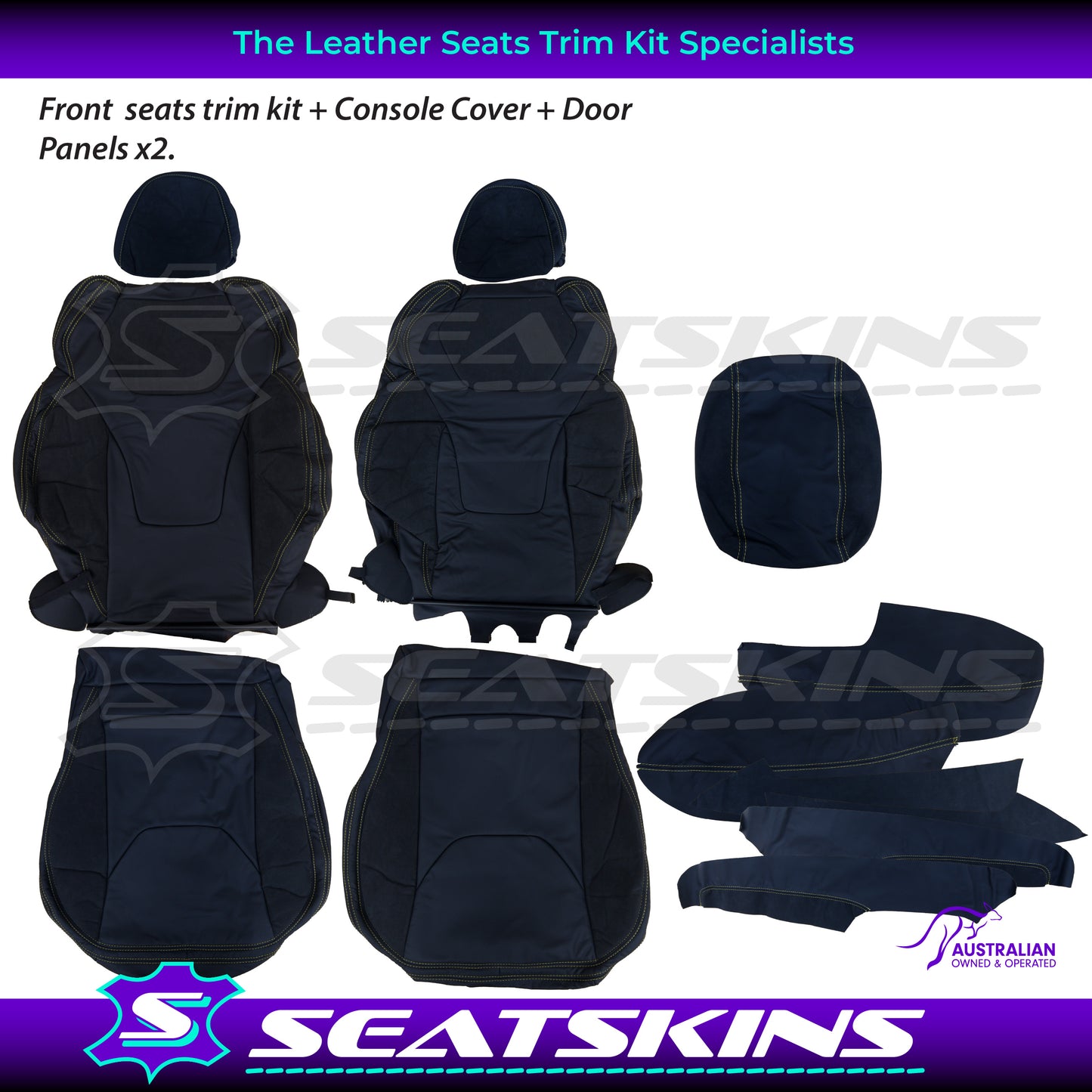 LEATHER SEATS TRIM KIT FOR HSV VF GTS 2 SEATS ALCANTARA YELLOW STITCHING.