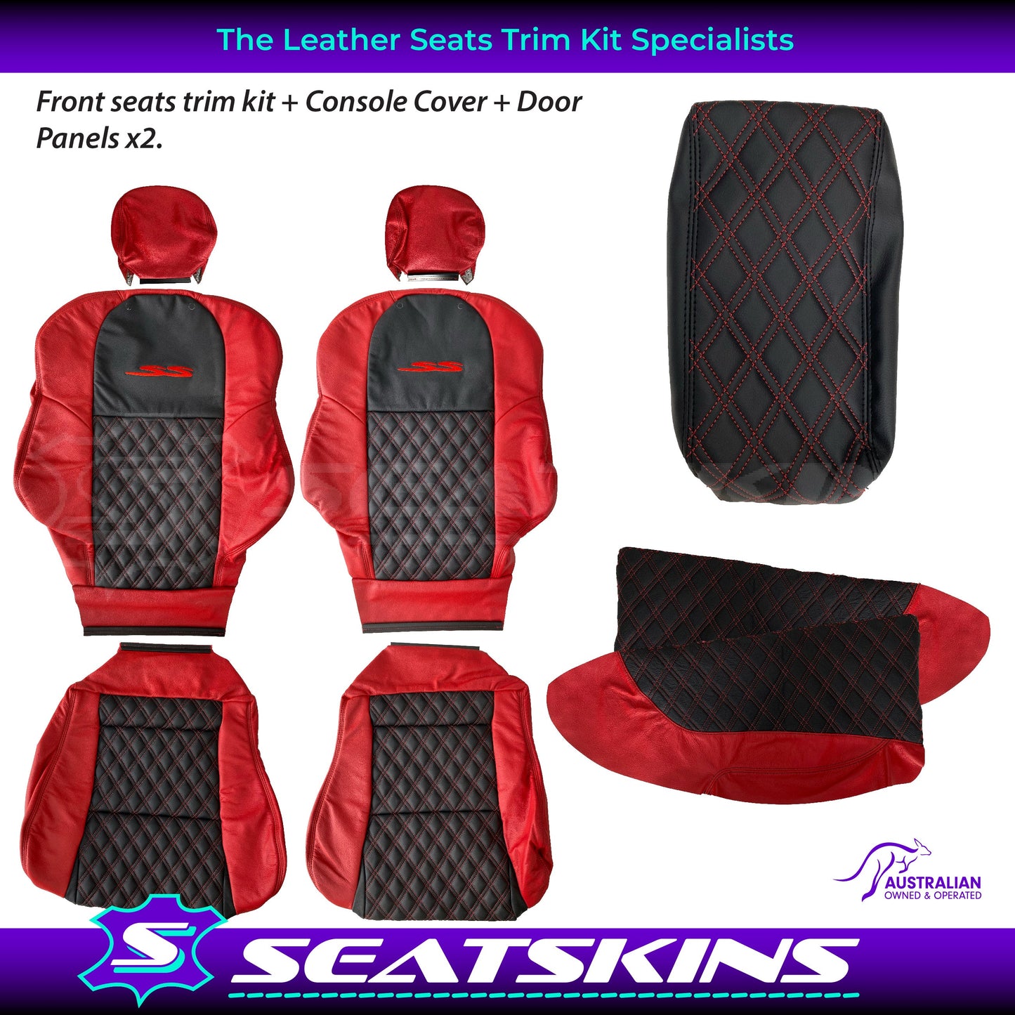 LEATHER SEATS TRIM KIT FOR VT/VX SS UTE 2 FRONT SEATS RED/BLACK DIAMOND STITCH