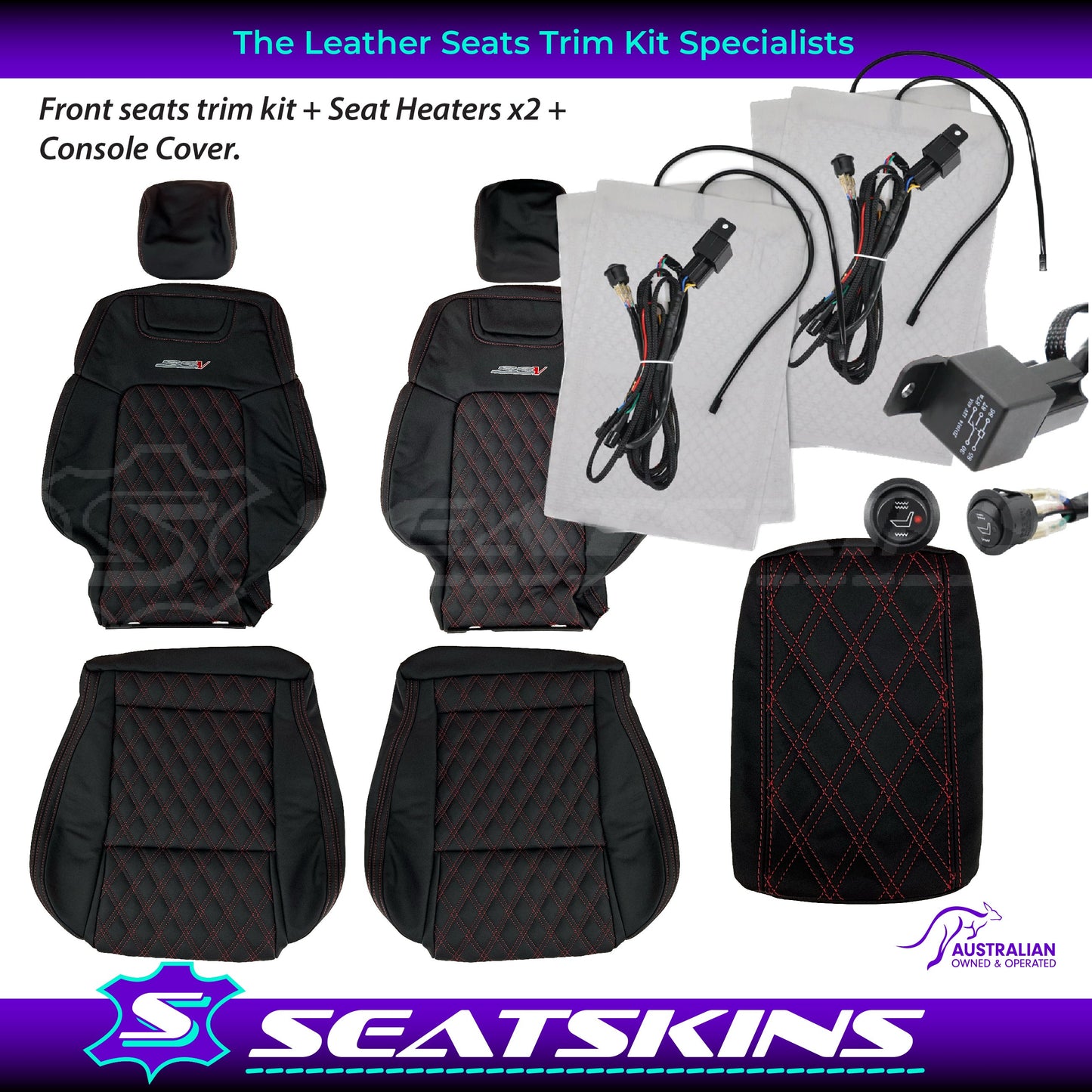 LEATHER SEATS TRIM KIT FOR HOLDEN VE SS SSV UTE ONYX WITH RED STITCHING