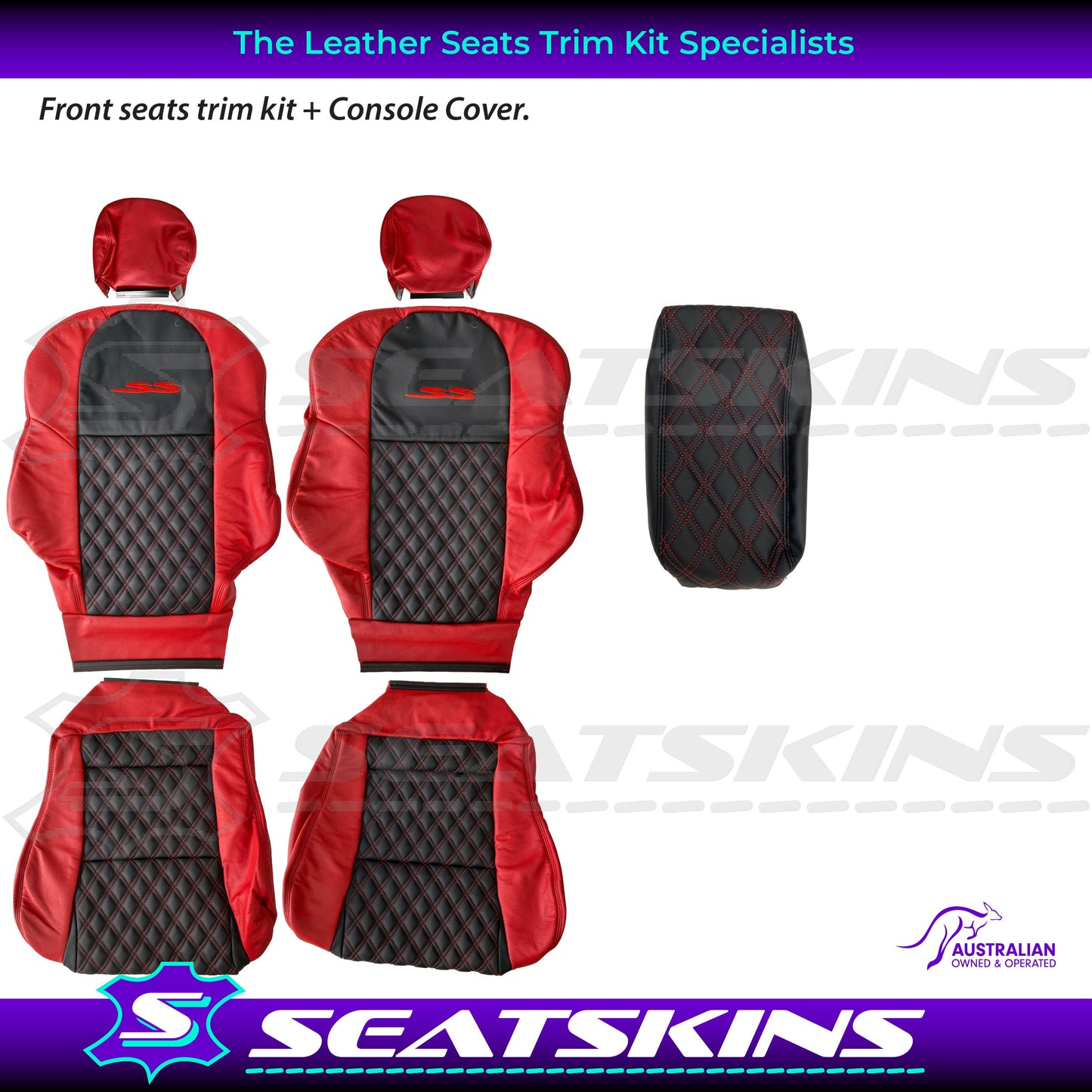 LEATHER SEATS TRIM KIT FOR VT/VX SS UTE 2 FRONT SEATS RED/BLACK DIAMOND STITCH
