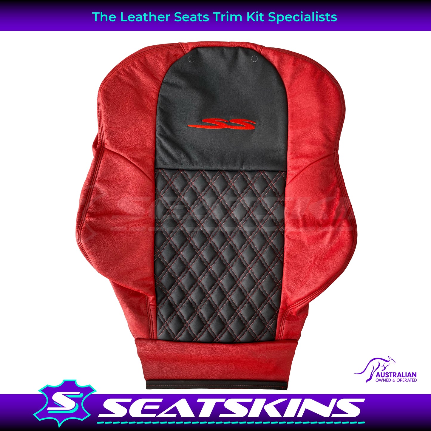 LEATHER SEATS TRIM KIT FOR VT/VX SS UTE 2 FRONT SEATS RED/BLACK DIAMOND STITCH