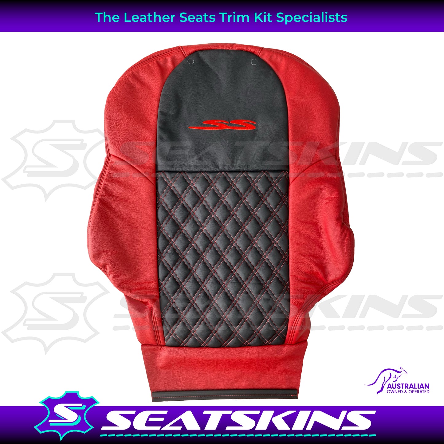LEATHER SEATS TRIM KIT FOR VT/VX SS UTE 2 FRONT SEATS RED/BLACK DIAMOND STITCH