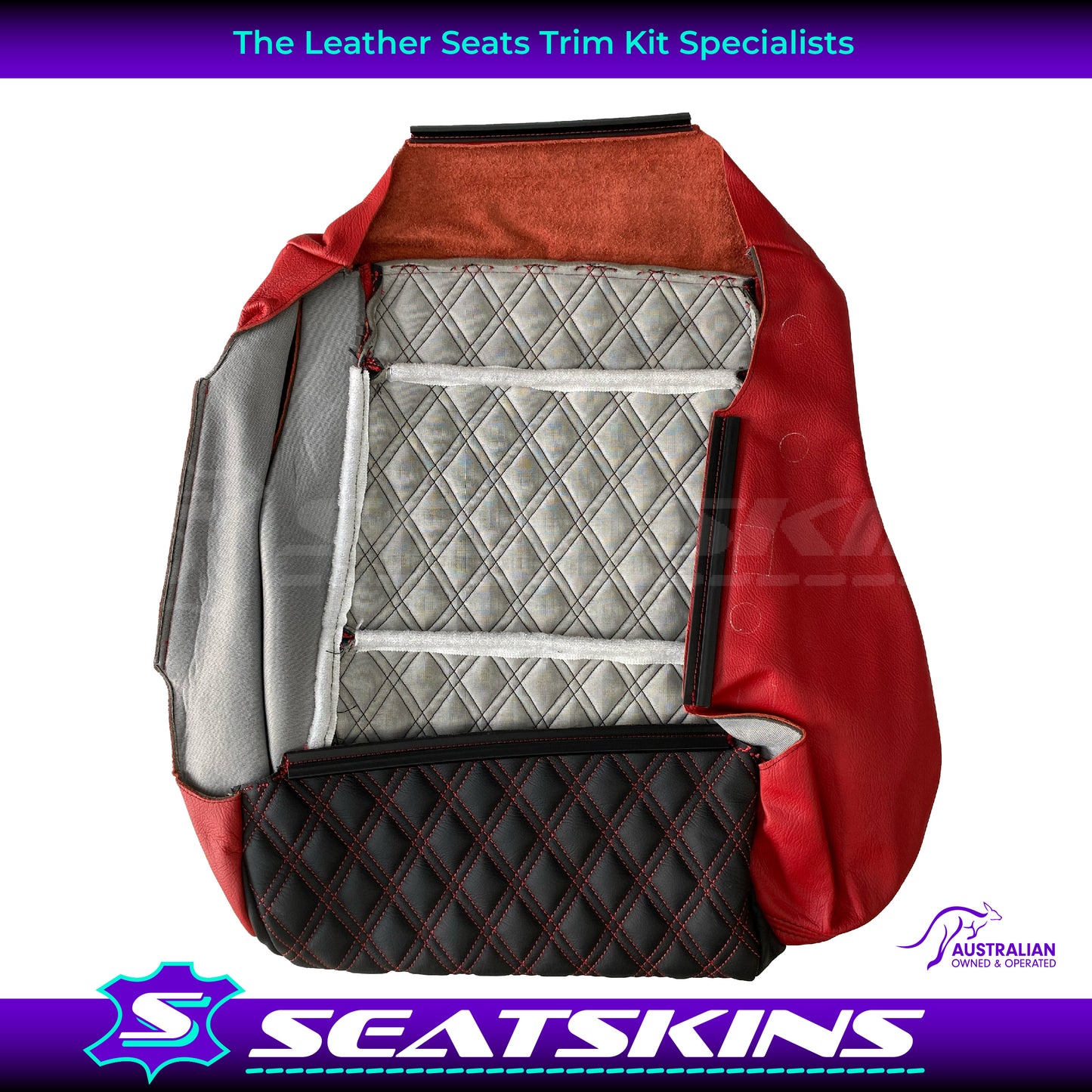 LEATHER SEATS TRIM KIT FOR VT/VX SS UTE 2 FRONT SEATS RED/BLACK DIAMOND STITCH