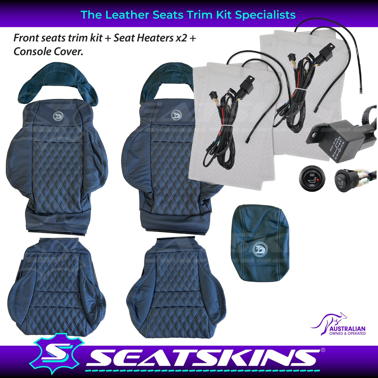 LEATHER SEATS TRIM KIT FOR HSV COULSON 2 SEATS BLACK WITH SILVER DIAMOND STITCH
