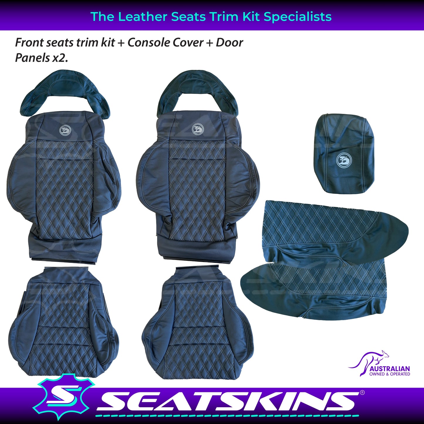 LEATHER SEATS TRIM KIT FOR HSV COULSON 2 SEATS BLACK WITH SILVER DIAMOND STITCH