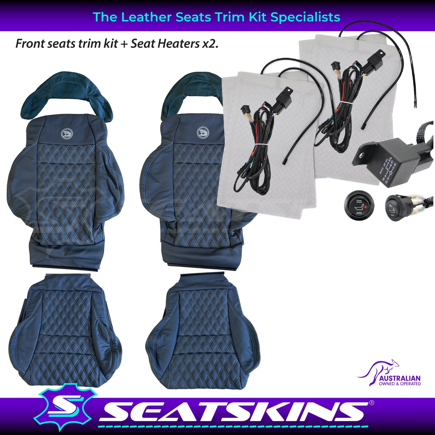 LEATHER SEATS TRIM KIT FOR HSV COULSON 2 SEATS BLACK WITH SILVER DIAMOND STITCH