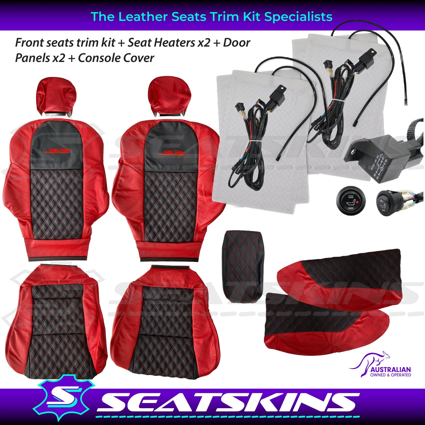 LEATHER SEATS TRIM KIT FOR VT/VX SS UTE 2 FRONT SEATS RED/BLACK DIAMOND STITCH