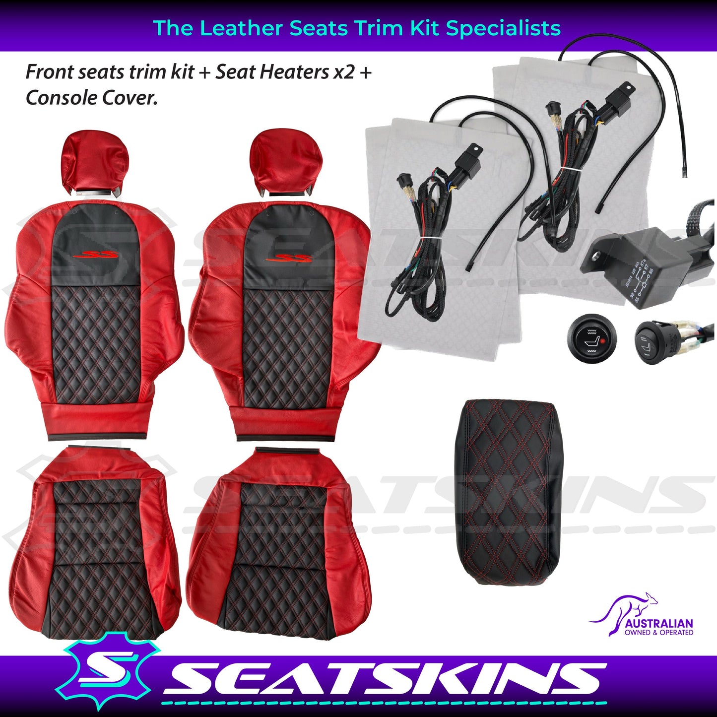 LEATHER SEATS TRIM KIT FOR VT/VX SS UTE 2 FRONT SEATS RED/BLACK DIAMOND STITCH