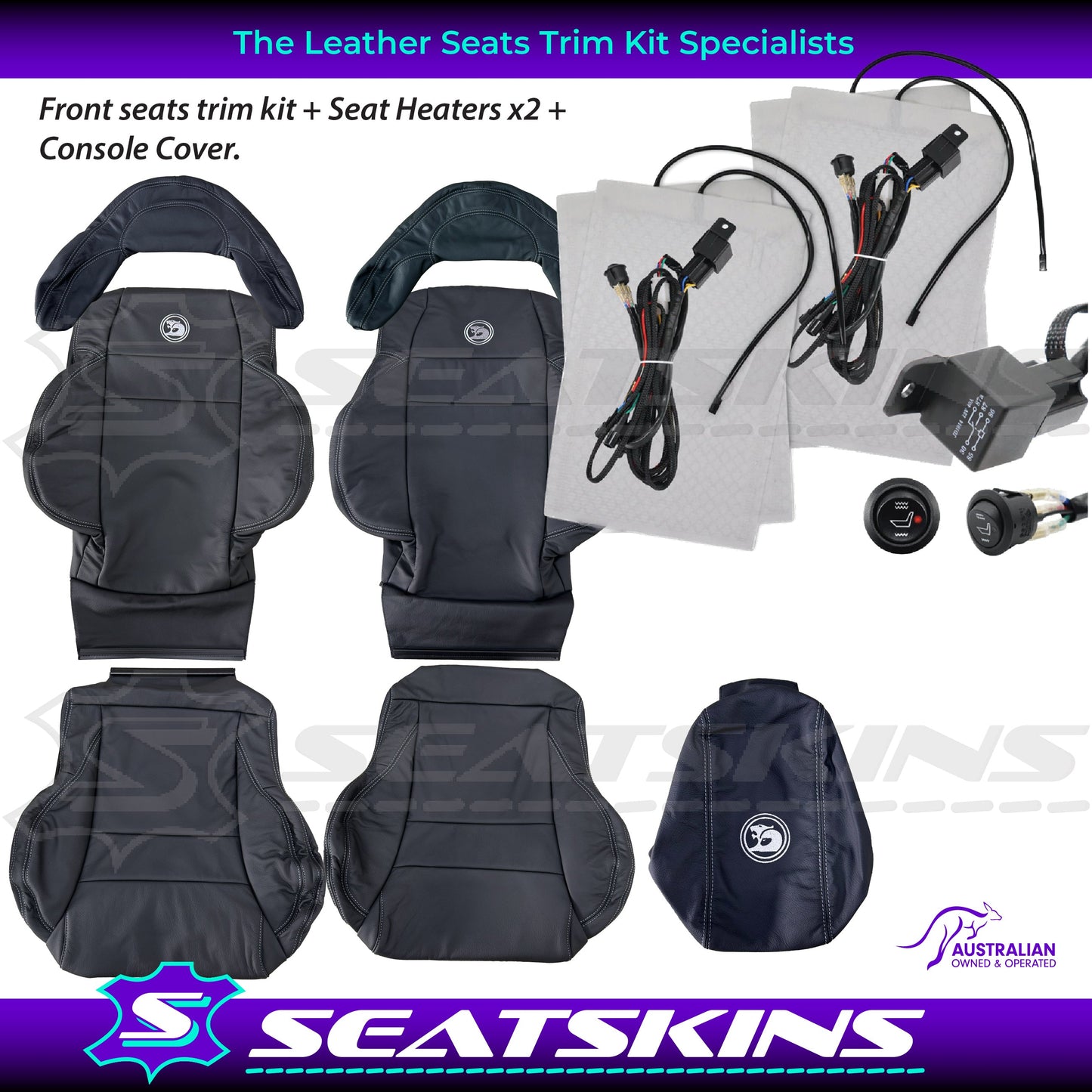 LEATHER SEATS TRIM KIT FOR HSV COULSON 2 SEATS BLACK WITH SILVER STITCH