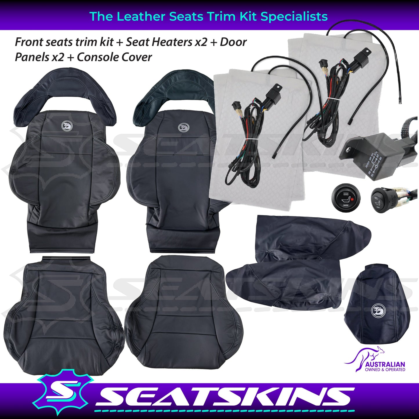 LEATHER SEATS TRIM KIT FOR HSV COULSON 2 SEATS BLACK WITH SILVER STITCH