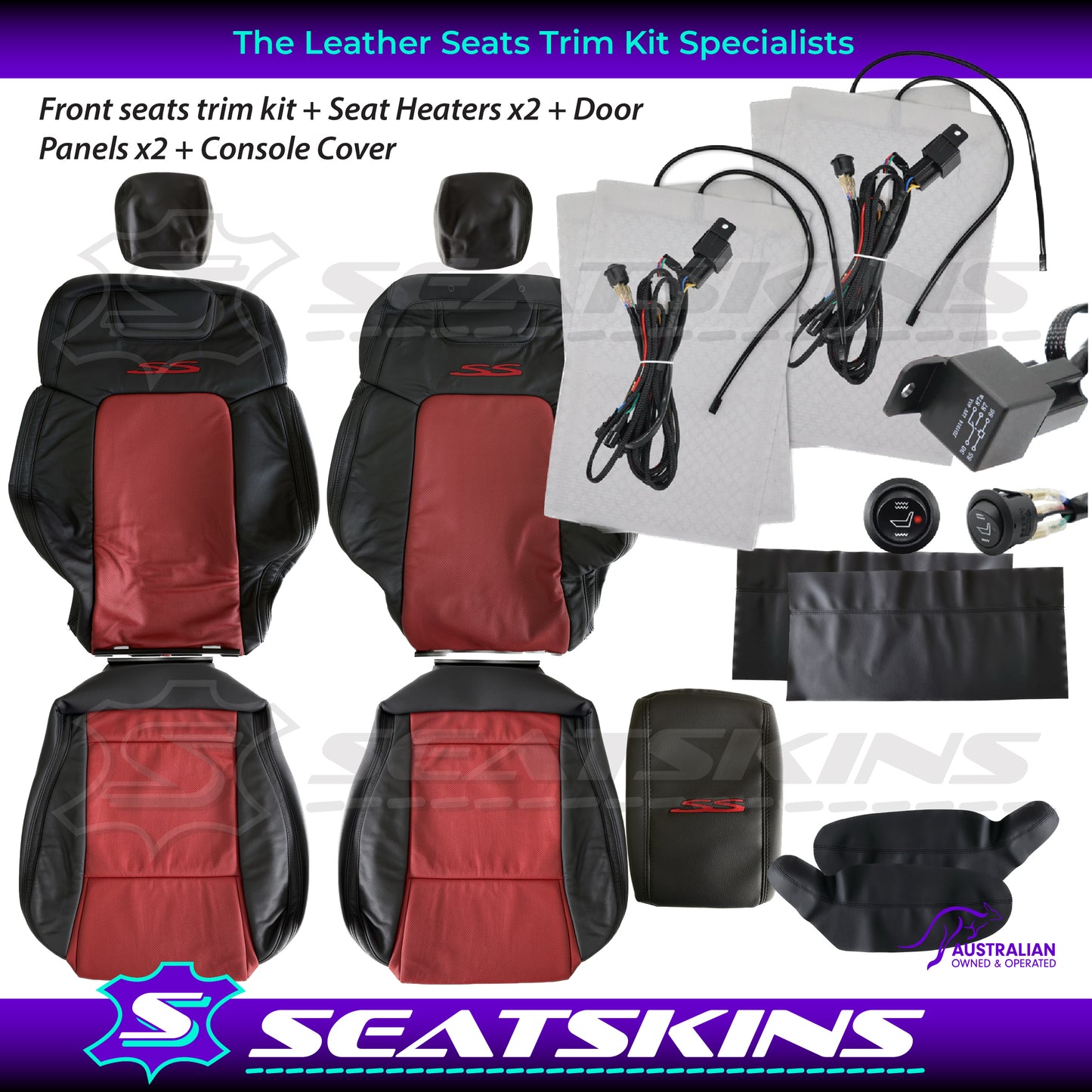 LEATHER SEATS TRIM KIT FOR VE SS 2 FRONT SEATS OR UTE ONYX & RED HOT INSERTS