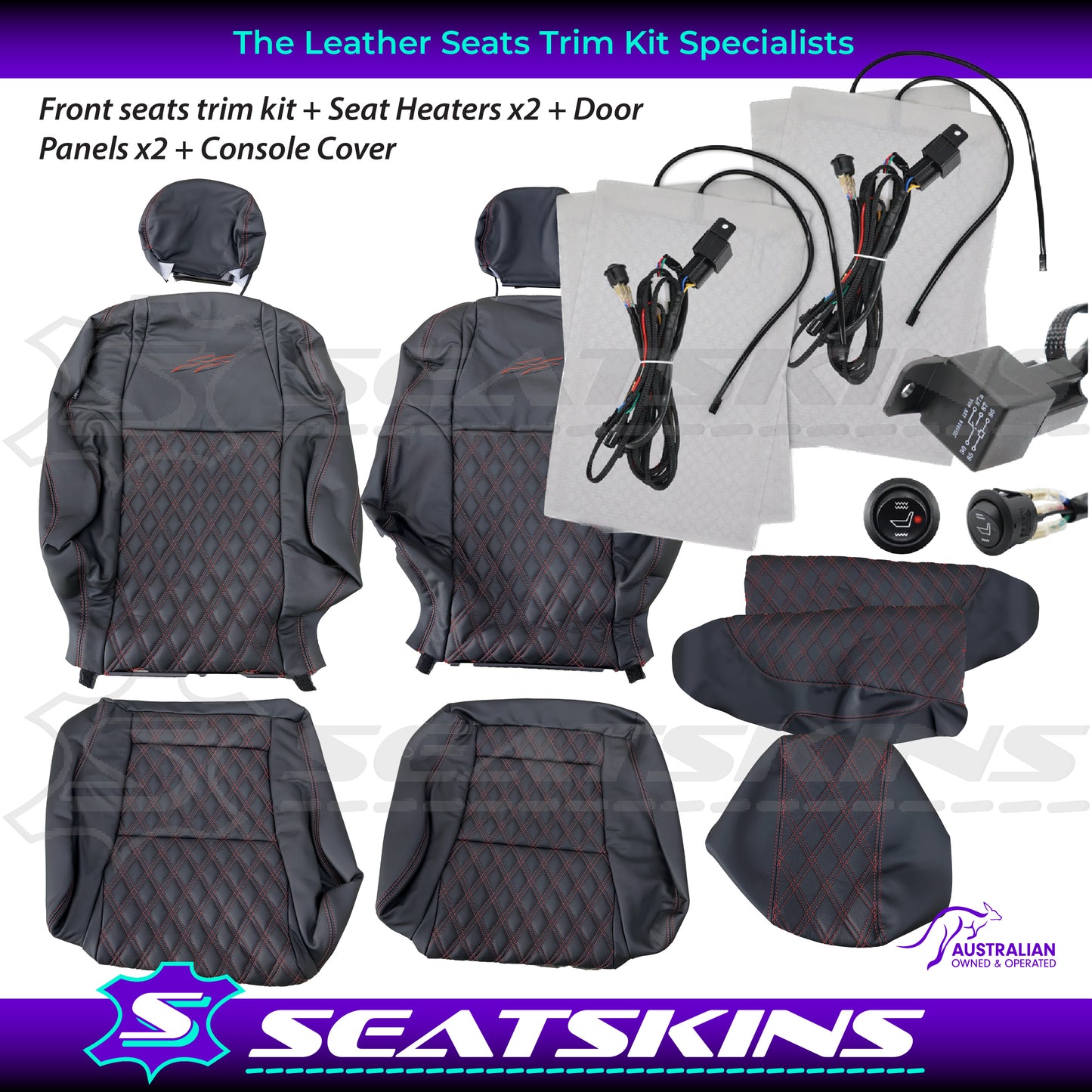 LEATHER SEATS TRIM KIT SKINS FOR HOLDEN VY S2 / VZ SS SSZ UTE BLACK/RED DIY INST