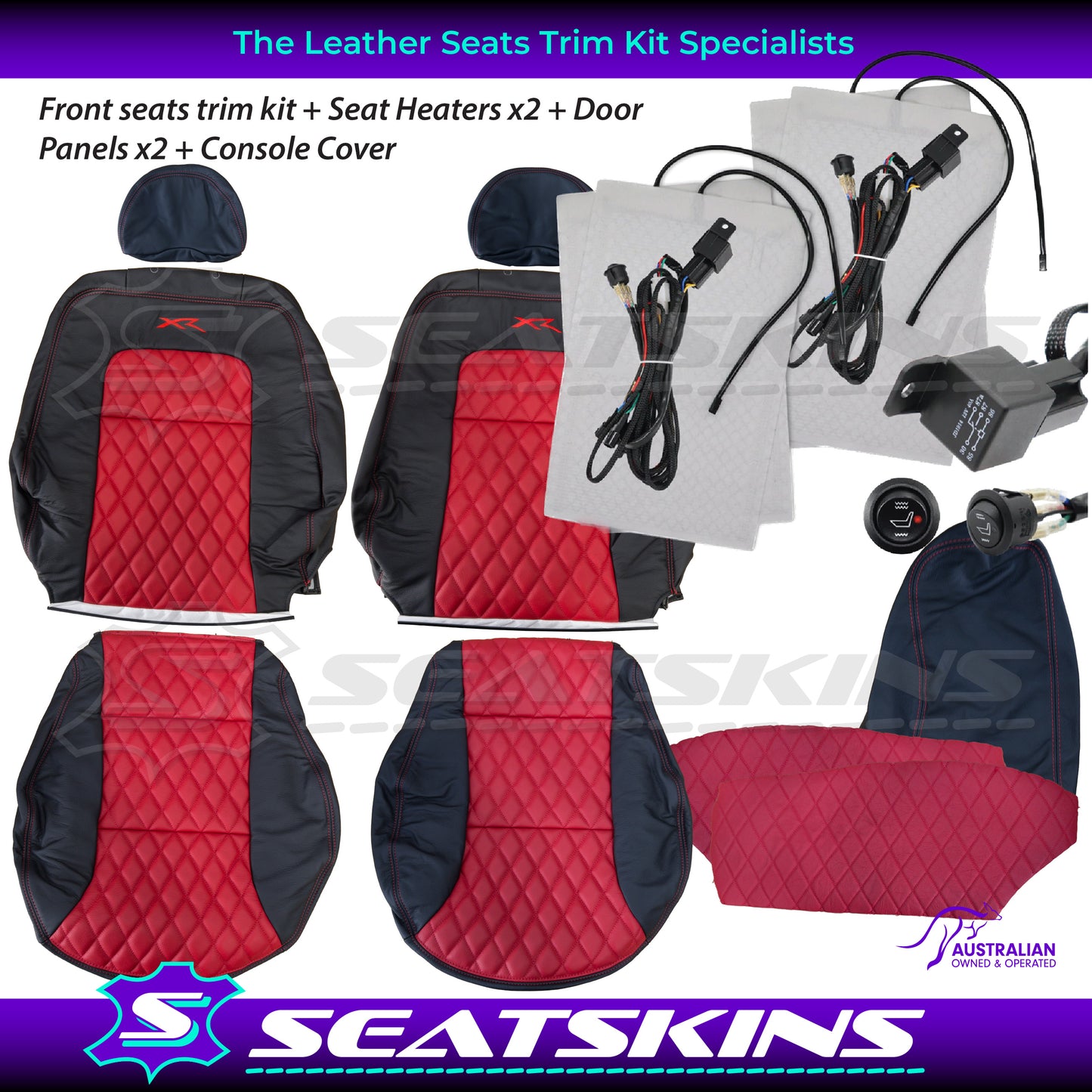 LEATHER SEATS TRIM KIT SKINS FOR FORD AU FRONT SEATS RED XR LOGO DIAMOND STITCH