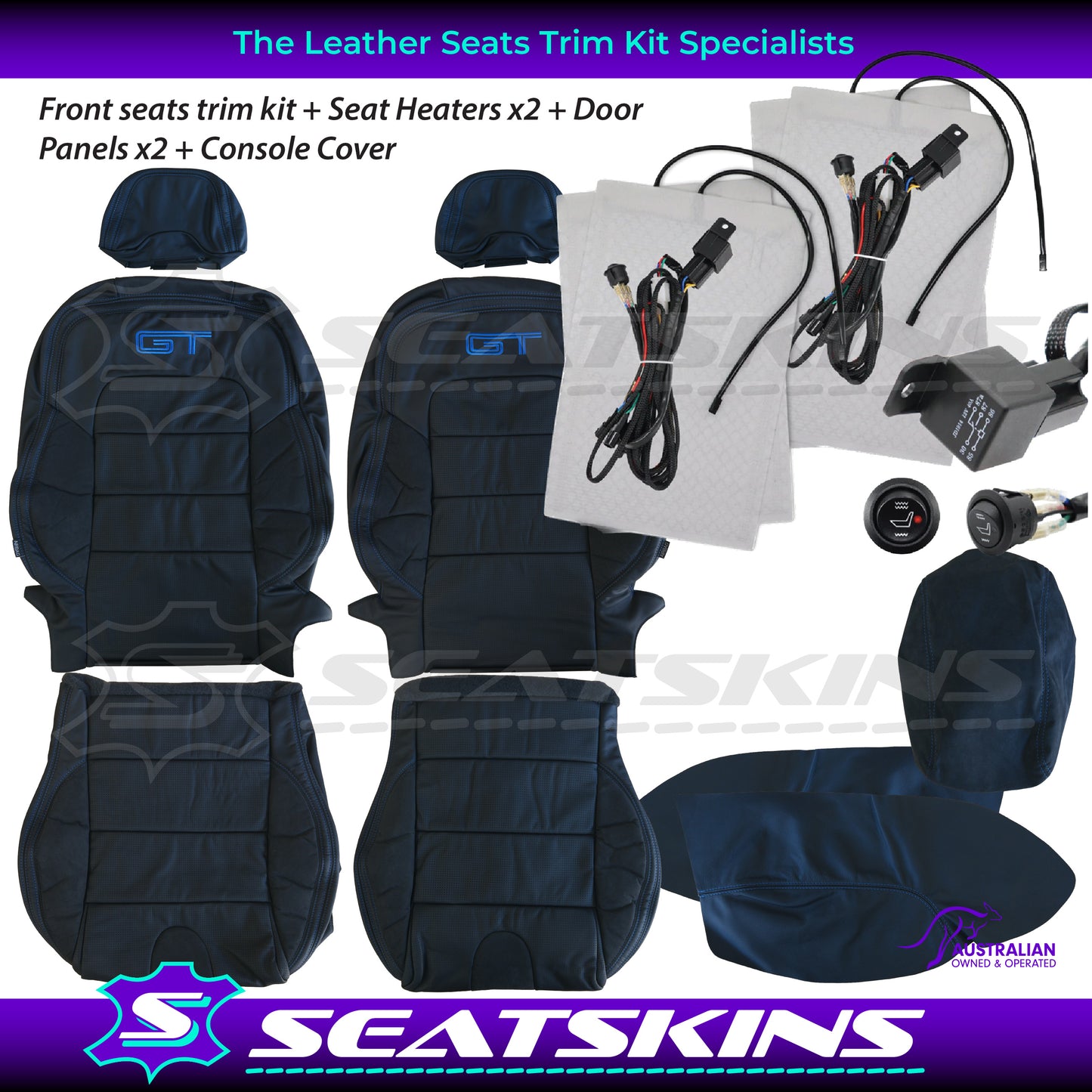 LEATHER SEATS TRIM KIT SKINS FOR FORD/FPV BA/BF FALCON 5 SEATER BLUE GT LOGO