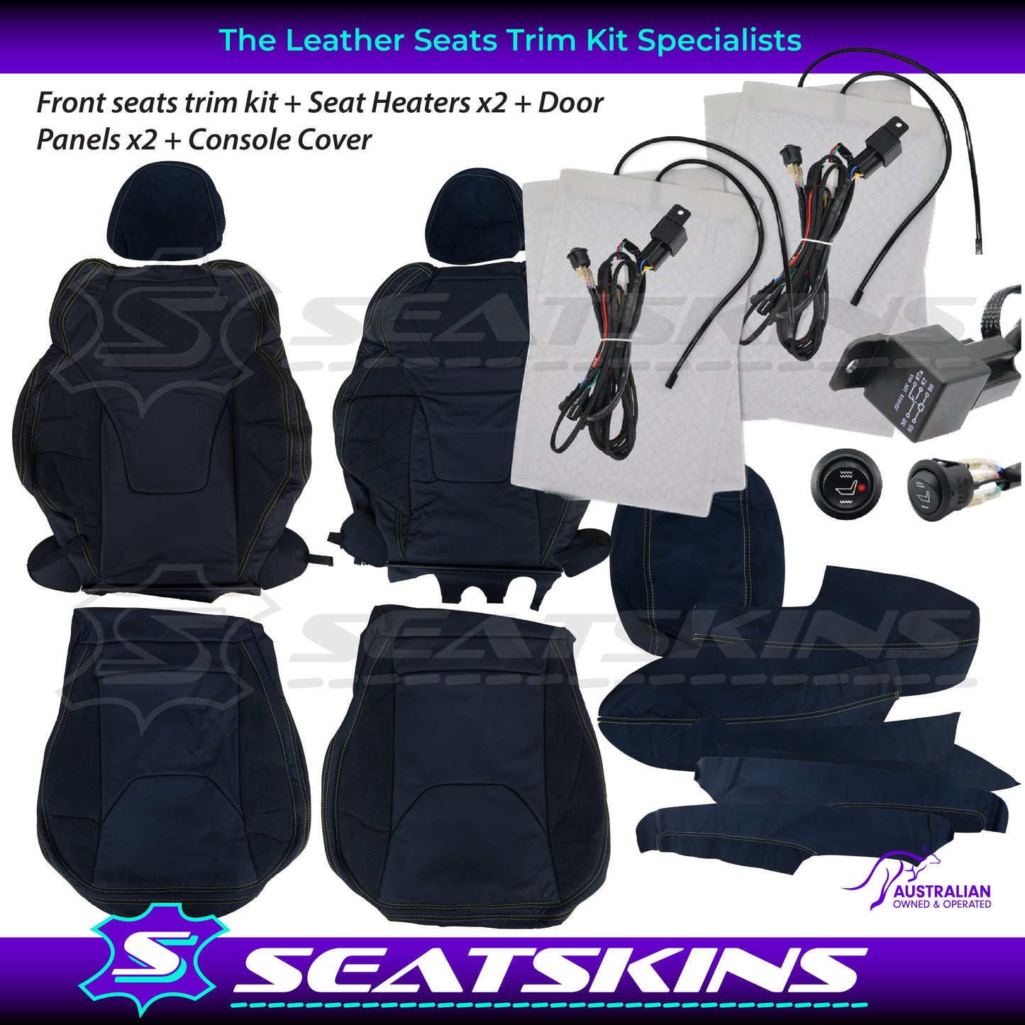 LEATHER SEATS TRIM KIT FOR HSV VF GTS 2 SEATS ALCANTARA & BLACK NAPPA LEATHER WITH YELLOW STITCHING.