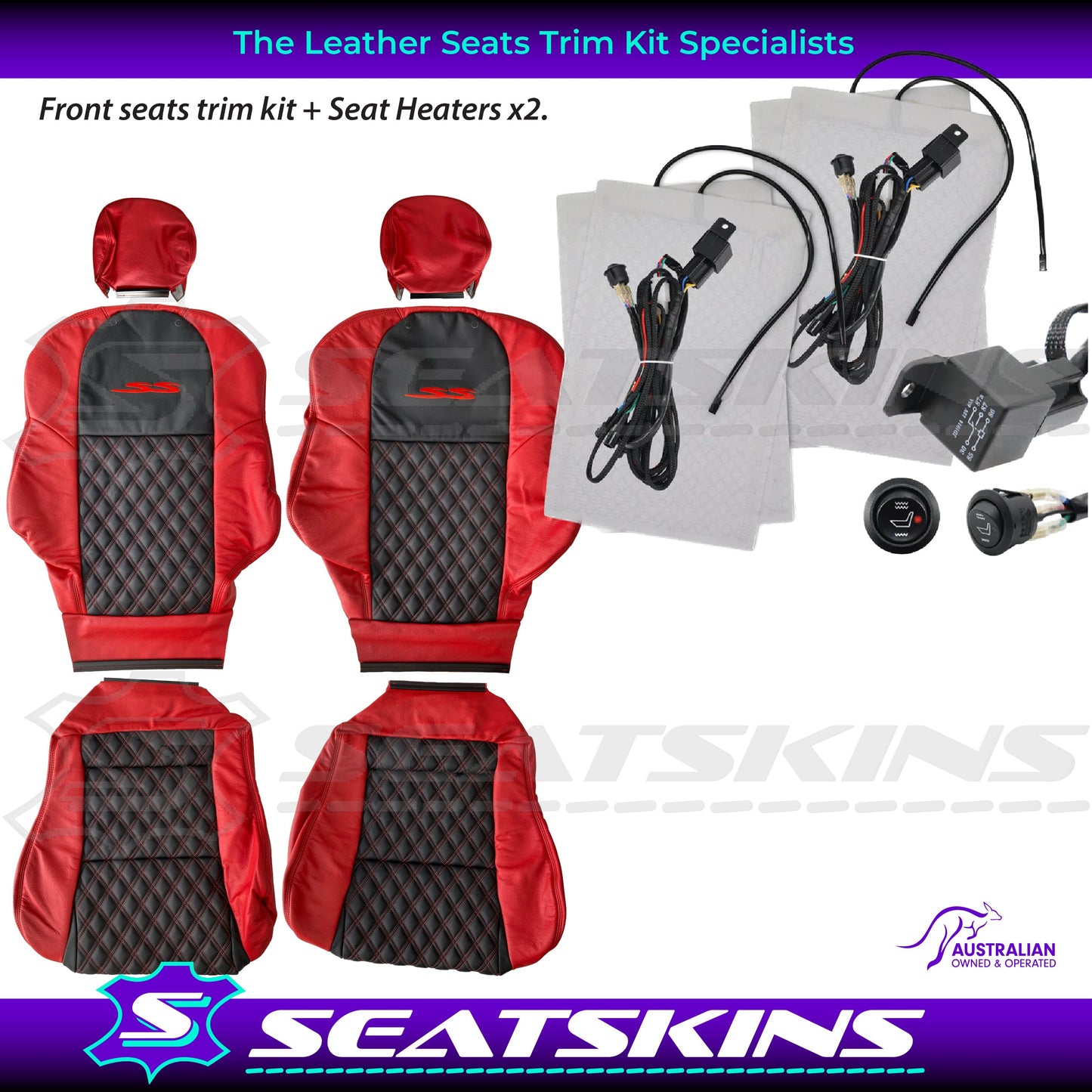 LEATHER SEATS TRIM KIT FOR VT/VX SS UTE 2 FRONT SEATS RED/BLACK DIAMOND STITCH