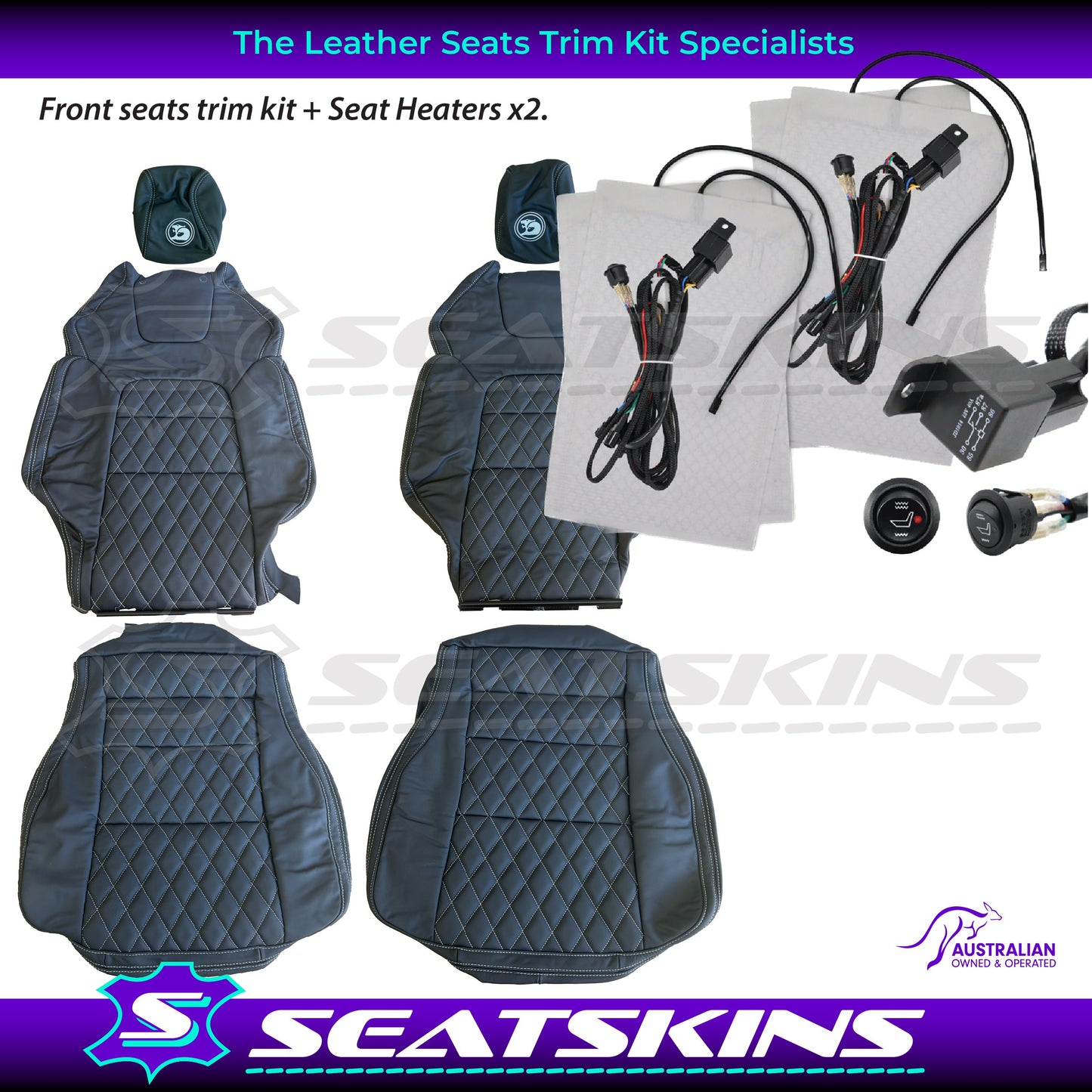 LEATHER SEATS TRIM KIT FOR HSV VE GTS FRONT 2 SEATS BLACK NAPPA LEATHER W/DIAMONDS