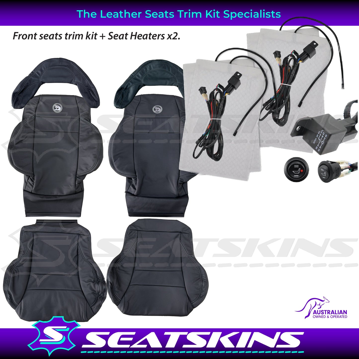 LEATHER SEATS TRIM KIT FOR HSV COULSON 2 SEATS BLACK WITH SILVER STITCH