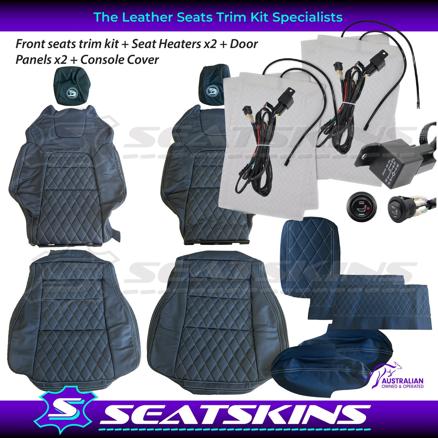 LEATHER SEATS TRIM KIT FOR HSV VE GTS FRONT 2 SEATS BLACK NAPPA LEATHER W/DIAMONDS