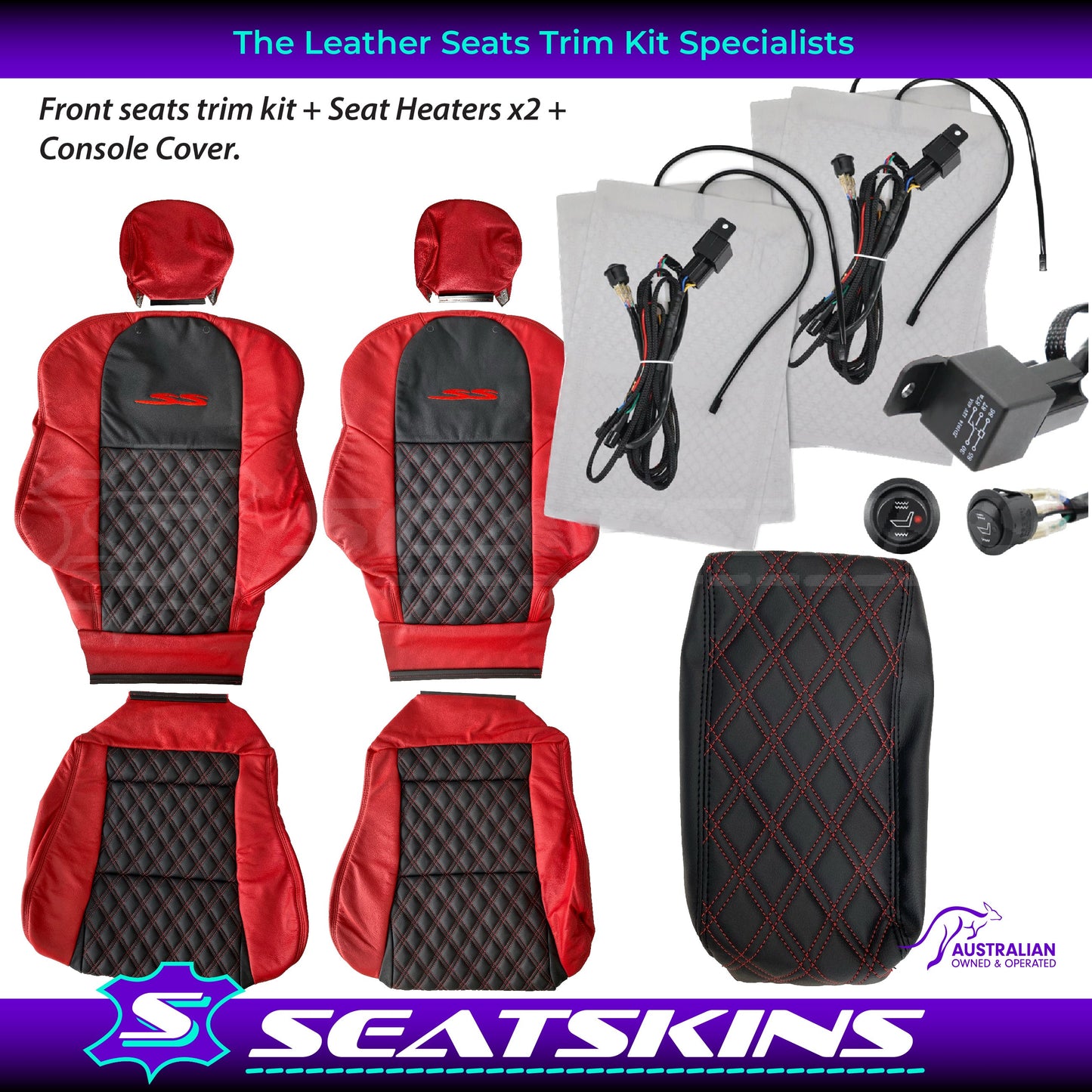 LEATHER SEATS TRIM KIT FOR VT/VX SS UTE 2 FRONT SEATS RED/BLACK DIAMOND STITCH