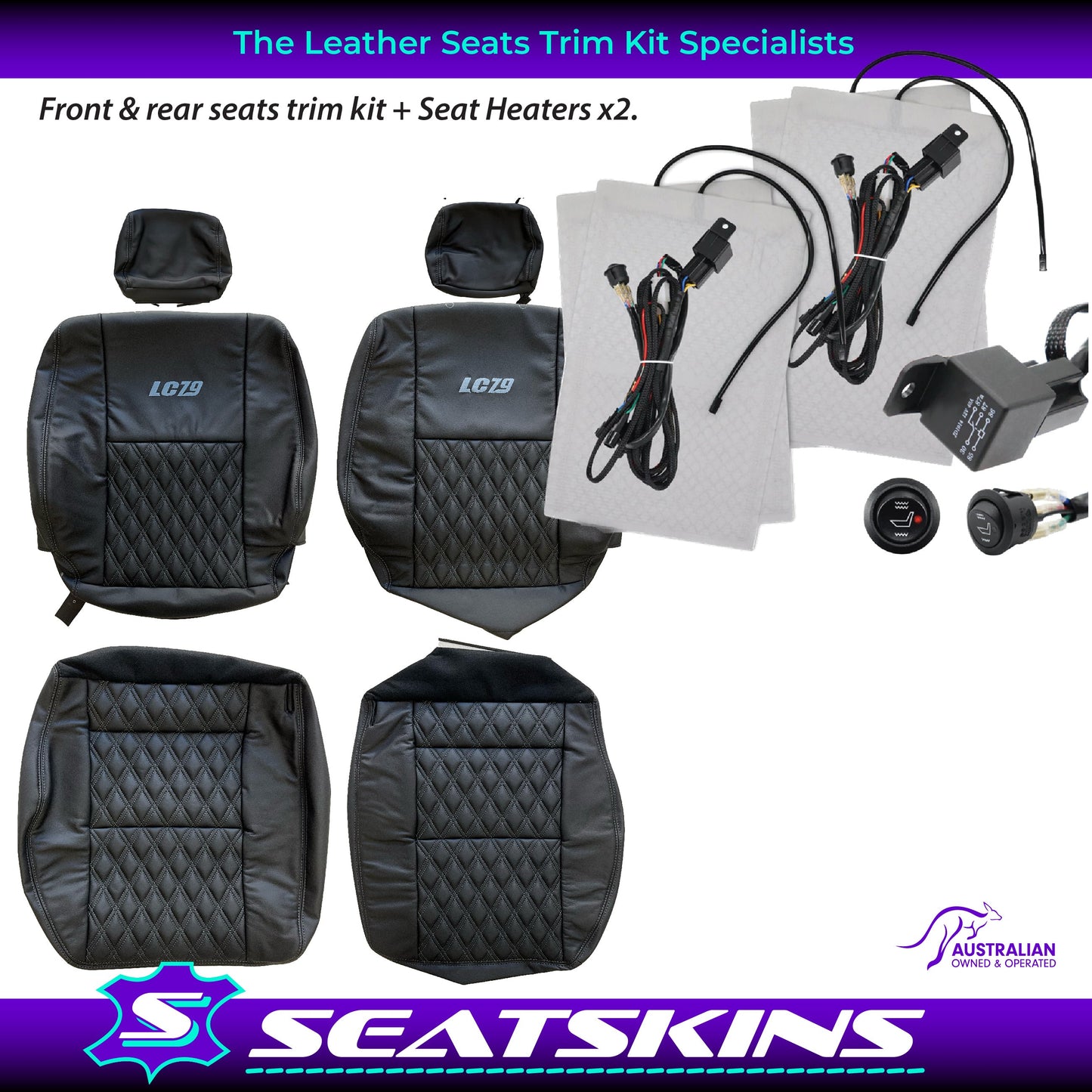 LEATHER SEATS TRIM KIT FOR TOYOTA LANDCRUISER 79 SERIES BLACK CUSTOM STITCH