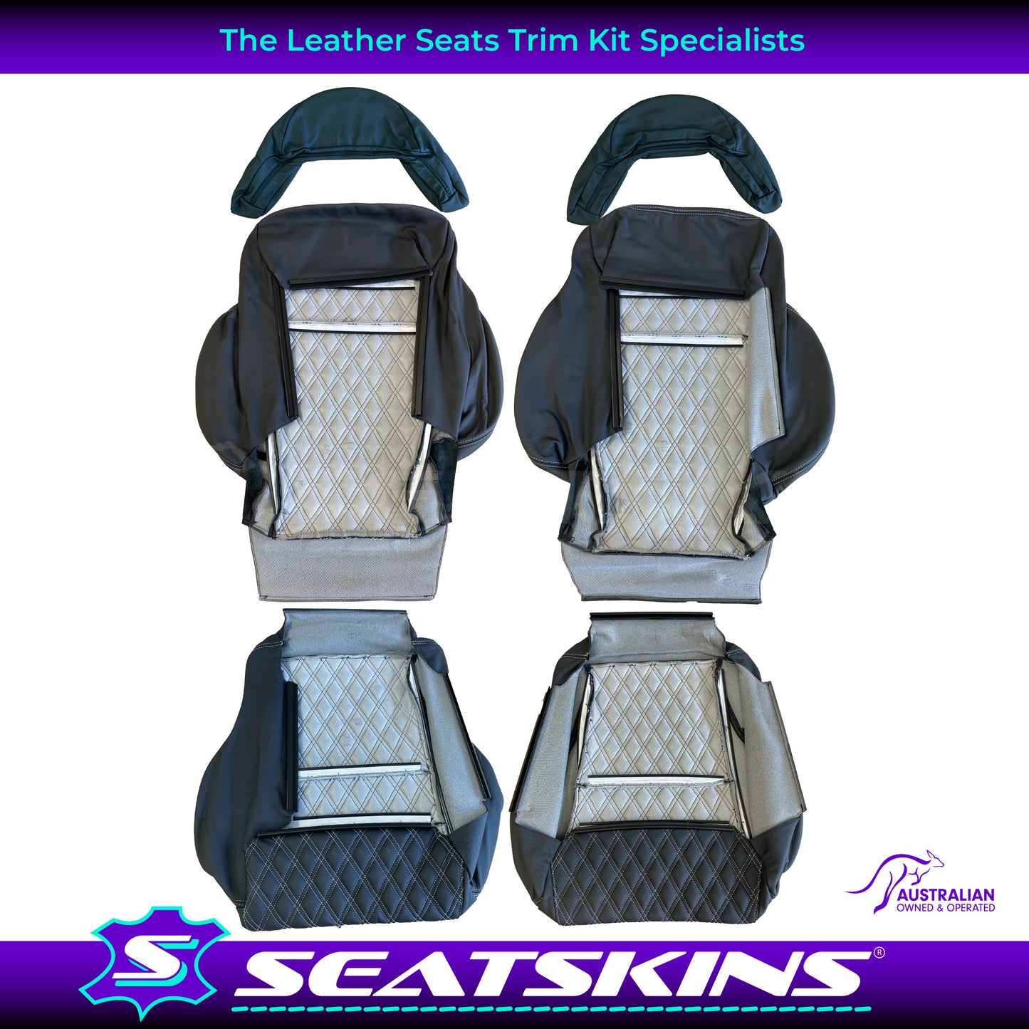 LEATHER SEATS TRIM KIT FOR HSV COULSON 2 SEATS BLACK WITH SILVER DIAMOND STITCH