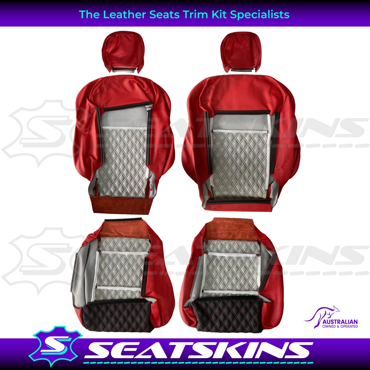 LEATHER SEATS TRIM KIT FOR VT/VX SS UTE 2 FRONT SEATS RED/BLACK DIAMOND STITCH
