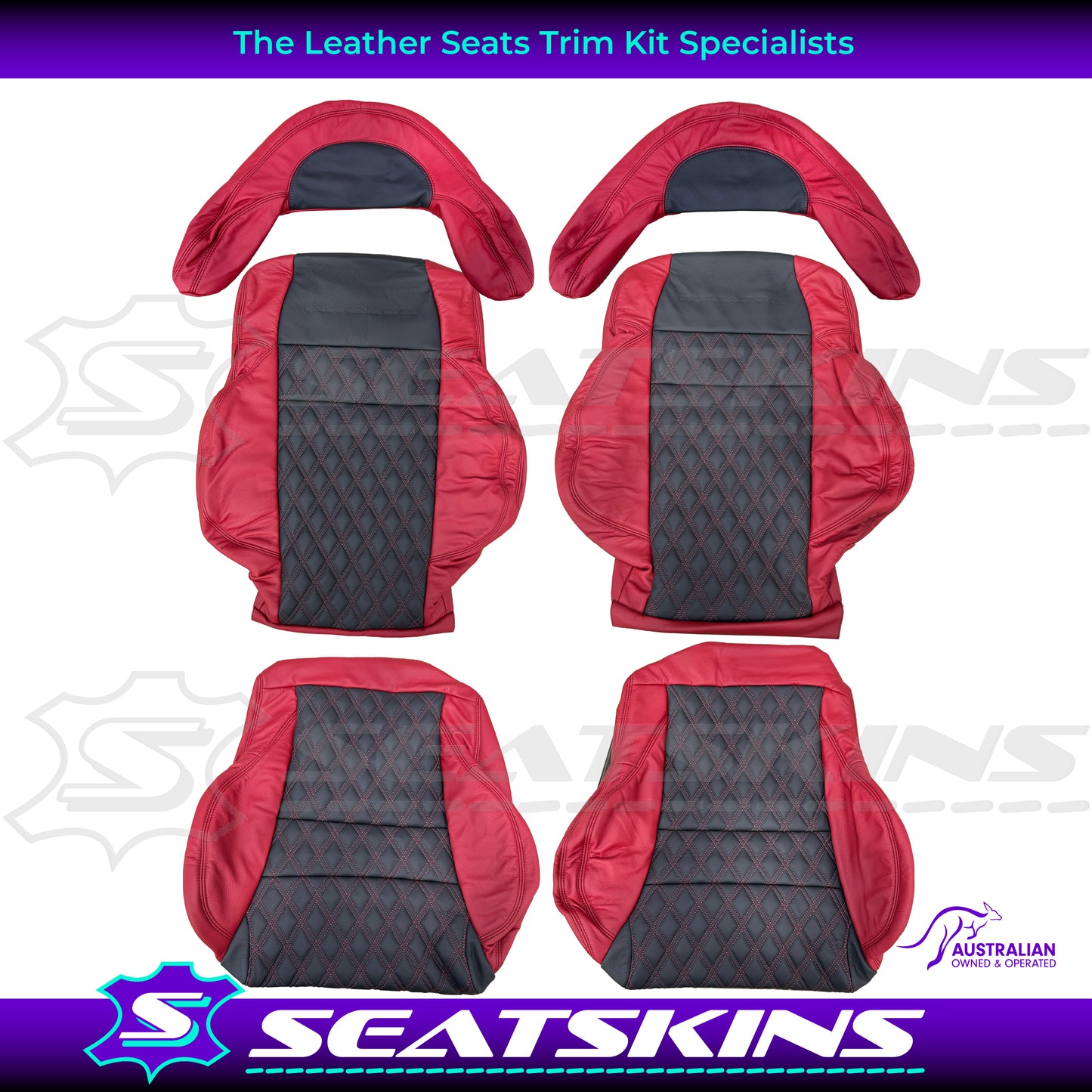 LEATHER SEATS TRIM KIT FOR HSV COULSON 2 SEATS BLACK & RED WITH DIAMOND STITCH