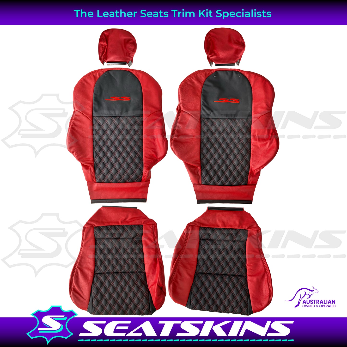 LEATHER SEATS TRIM KIT FOR VT/VX SS UTE 2 FRONT SEATS RED/BLACK DIAMOND STITCH