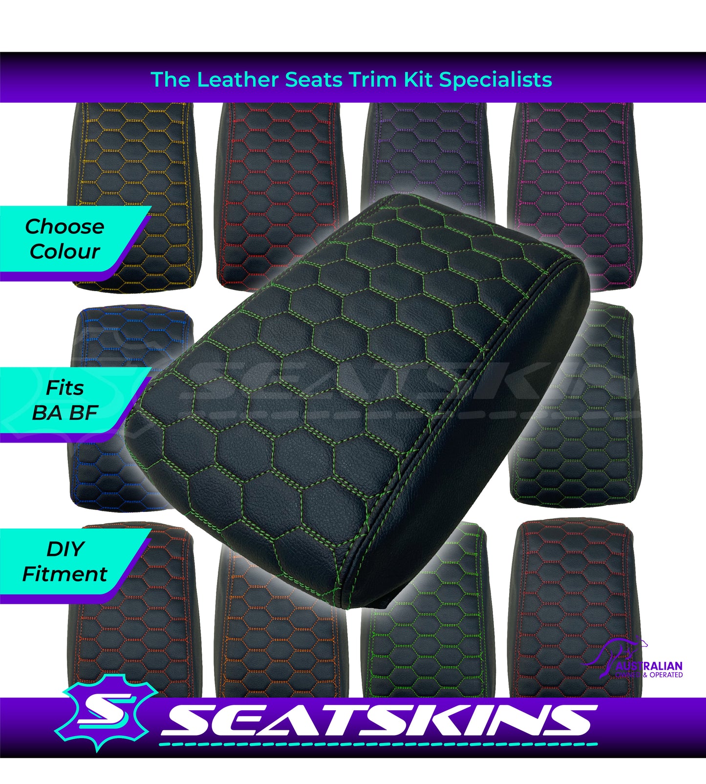 CONSOLE COVER ARM REST CUSTOM TO FIT FORD BA BF HEXAGON STITCH CHOOSE COLOUR