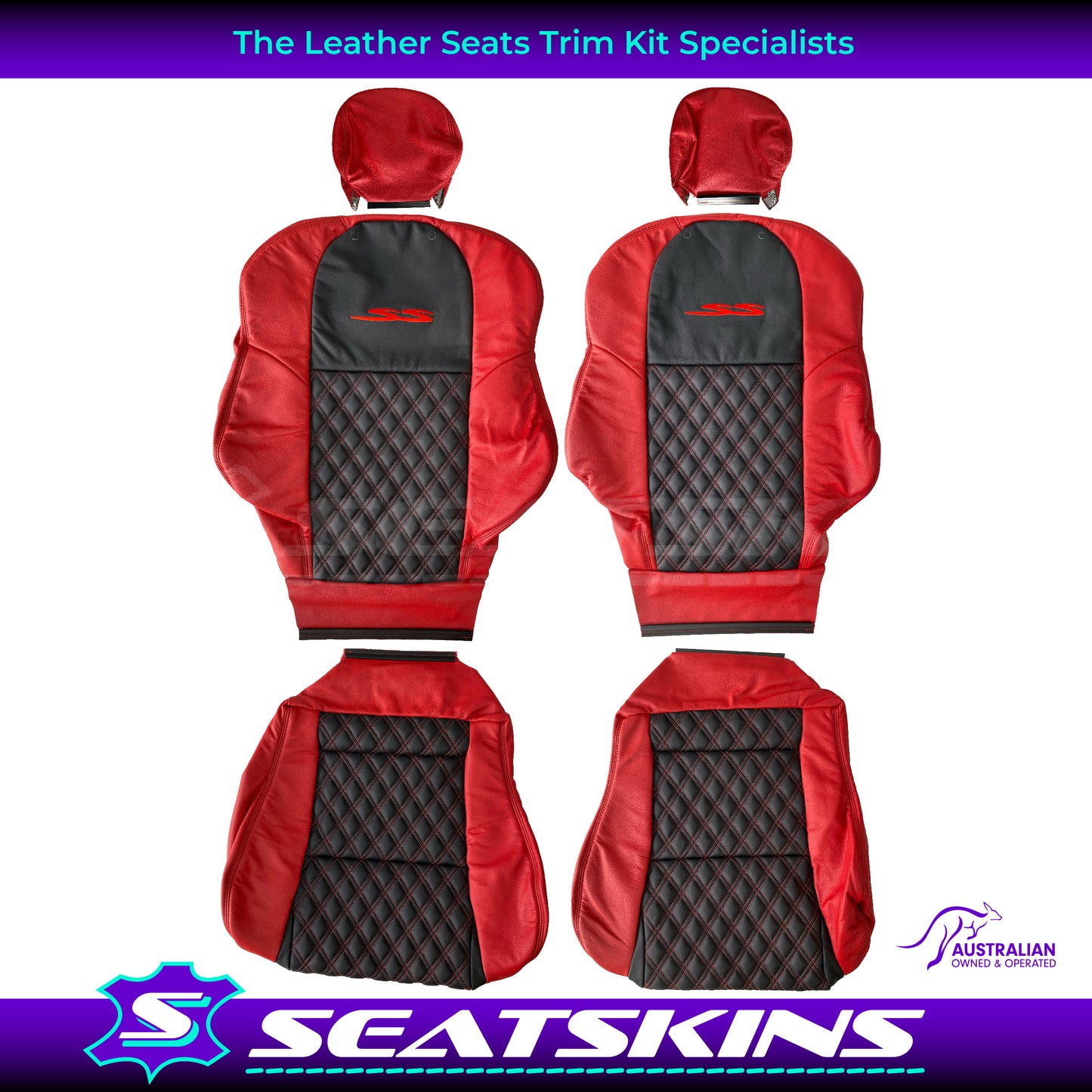 LEATHER SEATS TRIM KIT FOR VT/VX SS UTE 2 FRONT SEATS RED/BLACK DIAMOND STITCH