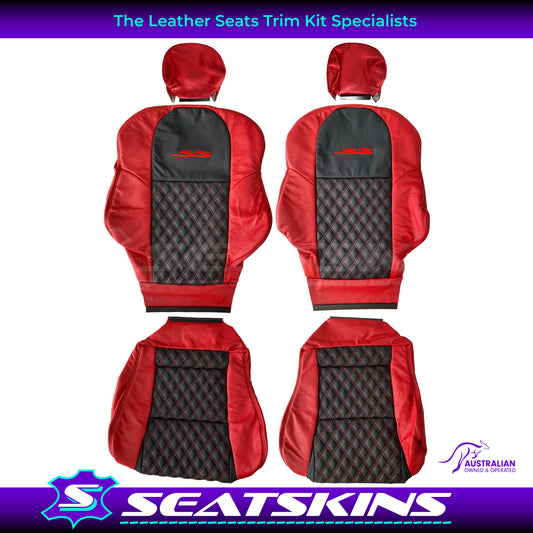 LEATHER SEATS TRIM KIT FOR VT/VX SS UTE 2 FRONT SEATS RED/BLACK DIAMOND STITCH