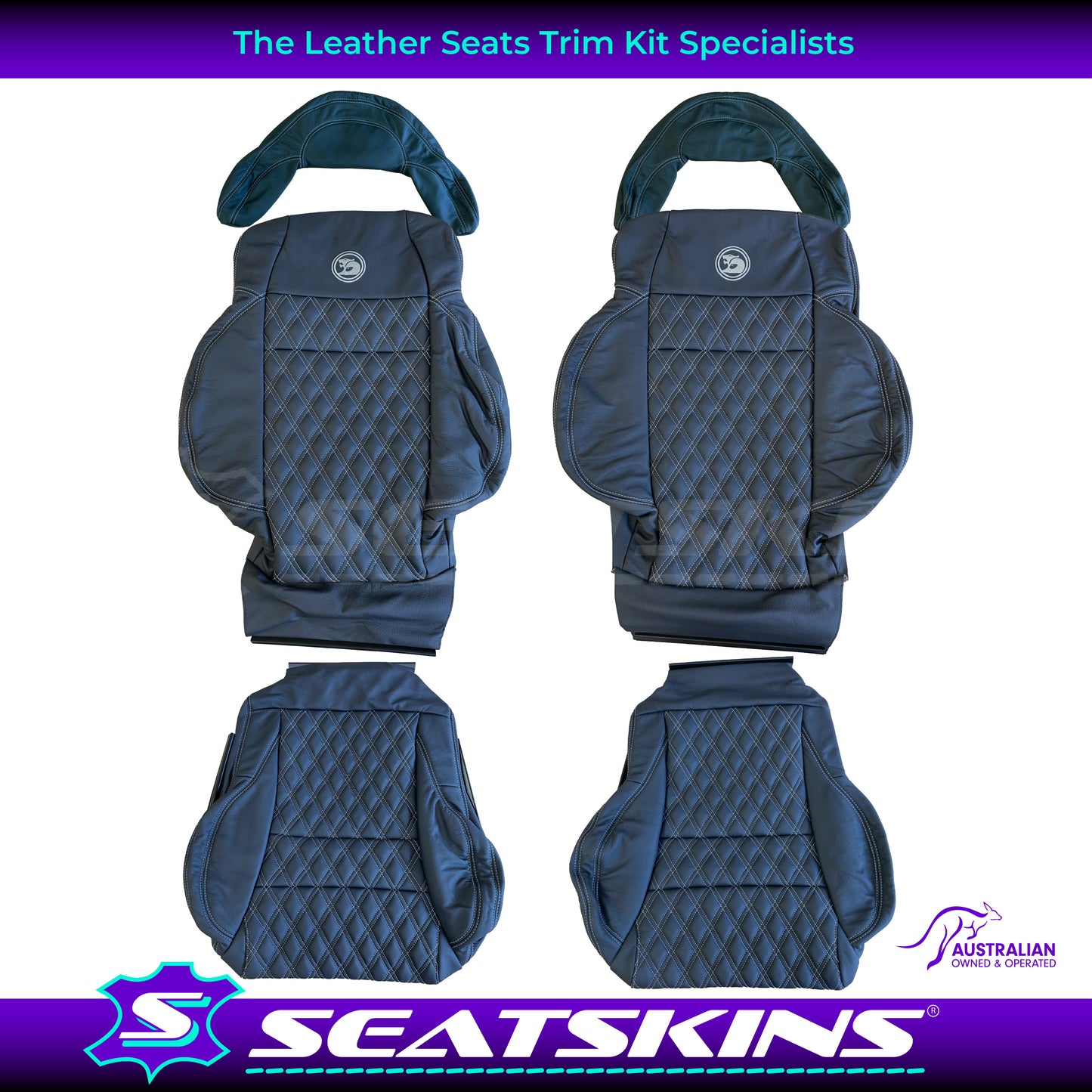 LEATHER SEATS TRIM KIT FOR HSV COULSON 2 SEATS BLACK WITH SILVER DIAMOND STITCH