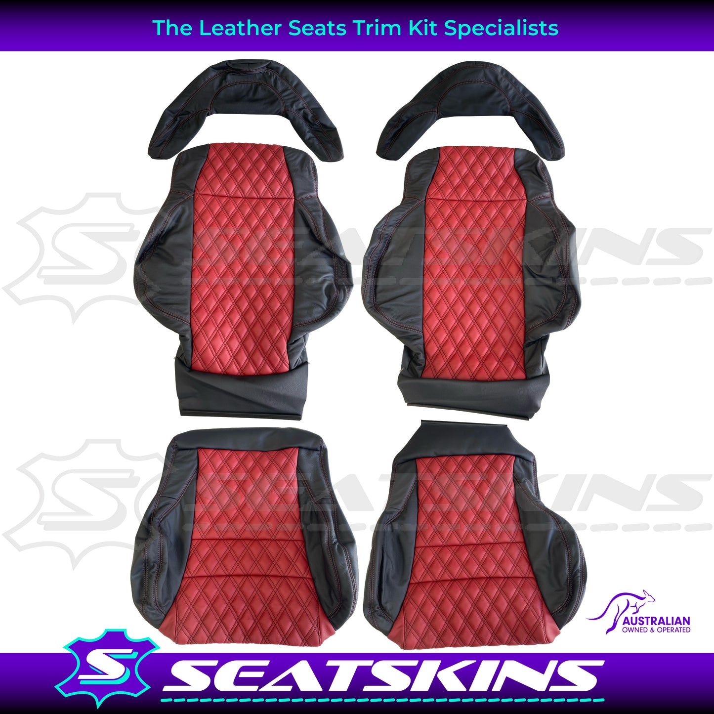 LEATHER SEATS TRIM KIT FOR HSV COULSON 2 SEATS RED & BLACK WITH DIAMOND STITCH