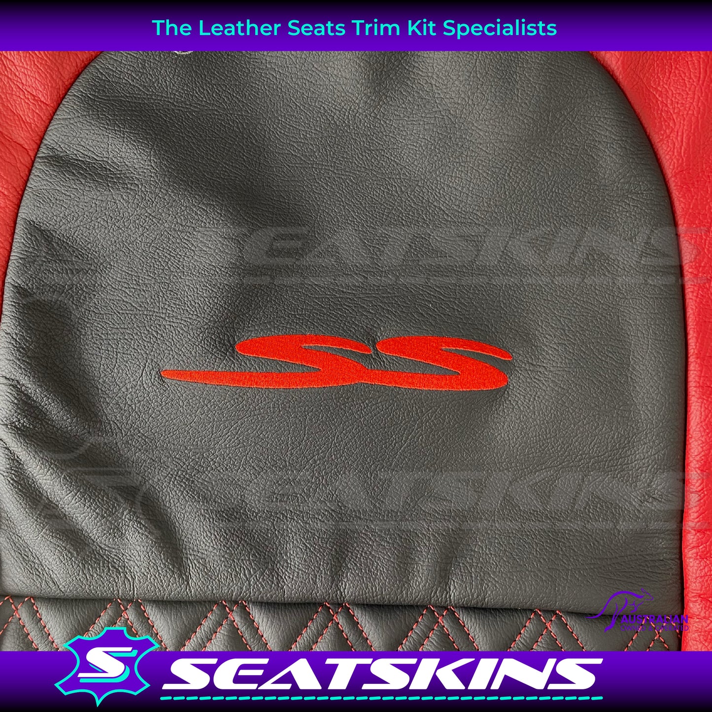 LEATHER SEATS TRIM KIT FOR VT/VX SS UTE 2 FRONT SEATS RED/BLACK DIAMOND STITCH