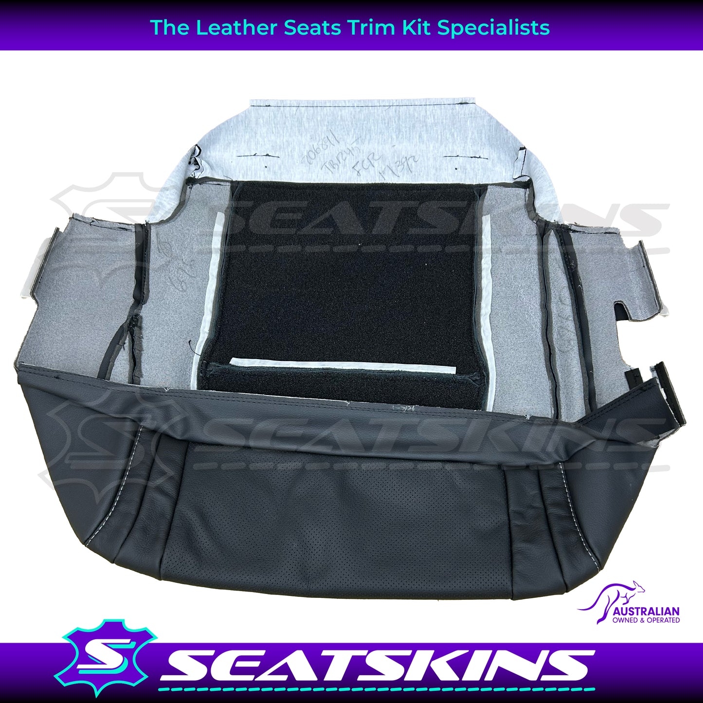 LEATHER TRIM TO FIT TOYOTA LANDCRUISER 200 SERIES SAHARA IN BLACK w SILVER STITCHING. DRIVERS SEAT BASE TRIM