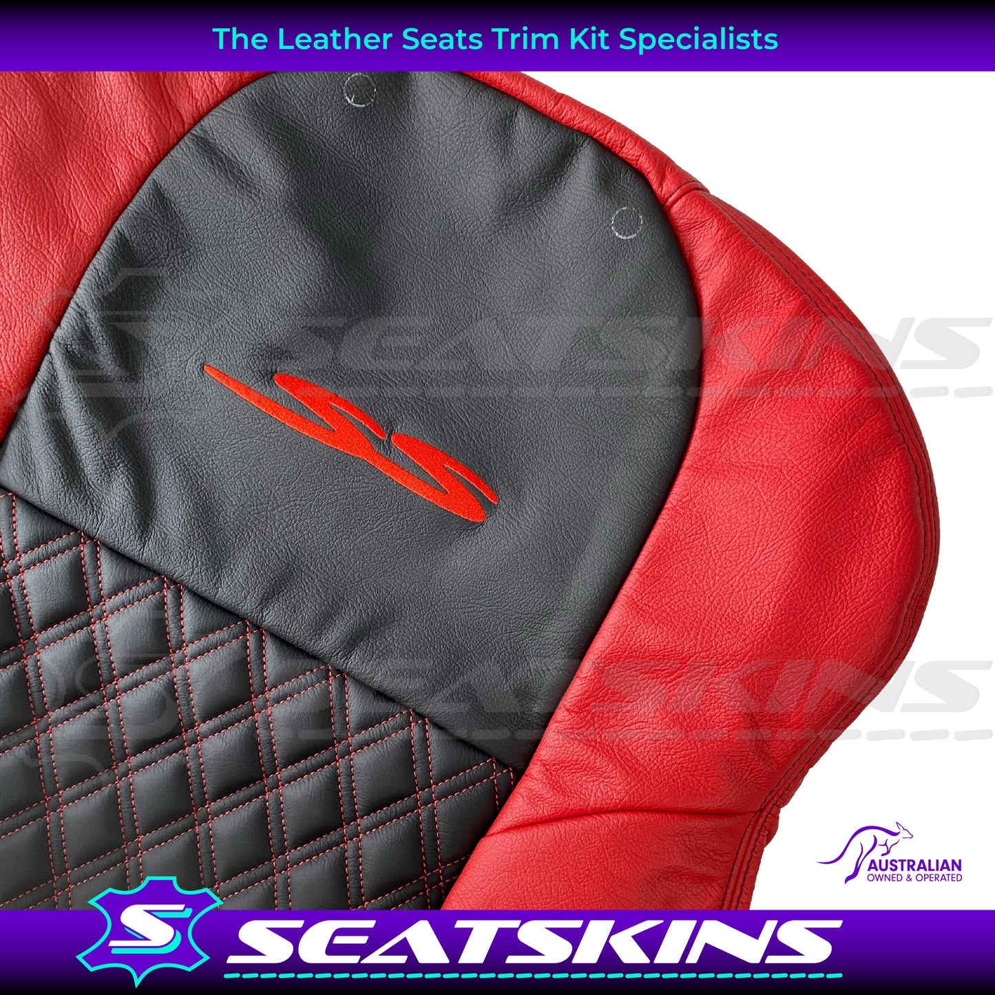 LEATHER SEATS TRIM KIT FOR VT/VX SS UTE 2 FRONT SEATS RED/BLACK DIAMOND STITCH