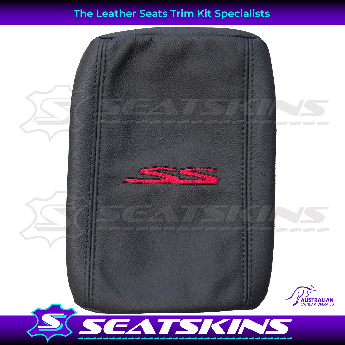 CONSOLE COVER FOR VE/VF LOW HEIGHT SHAPE RED SS BLACK TWIN NEEDLE STITCHING. LEATHER CENTRE AND LEATHERETTE SIDES.