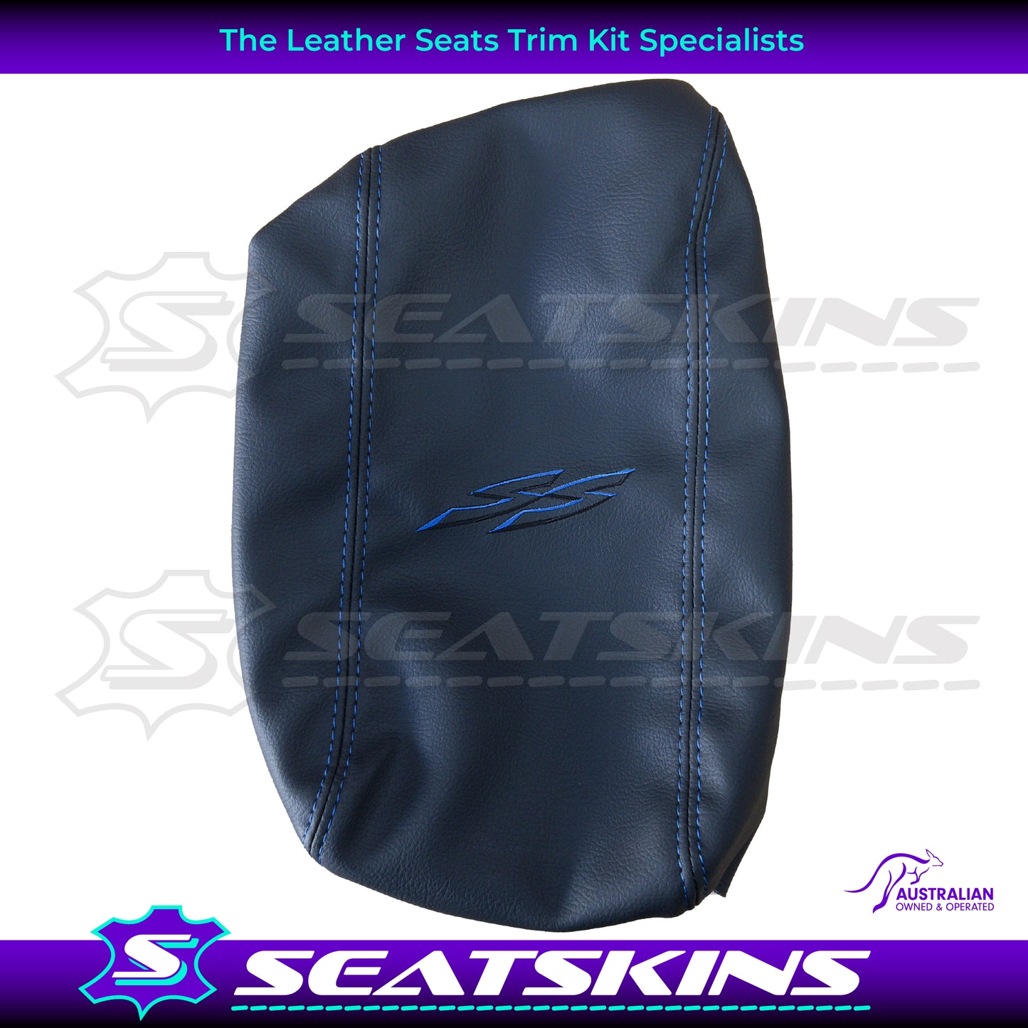 CONSOLE COVER FOR HOLDEN VY/VZ ANTHRACITE BLUE SS LOGO WITH BLUE TWIN NEEDLE STITCHING.