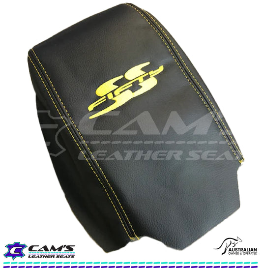 CUSTOM CONSOLE LID ARM REST COVER TO FIT VT VX VU HOLDEN SS FIFTY YELLOW STITCH
