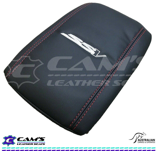 CUSTOM CONSOLE ARM REST COVER TO FIT VE / VF HOLDEN SSV SILVER LOGO RED STITCH