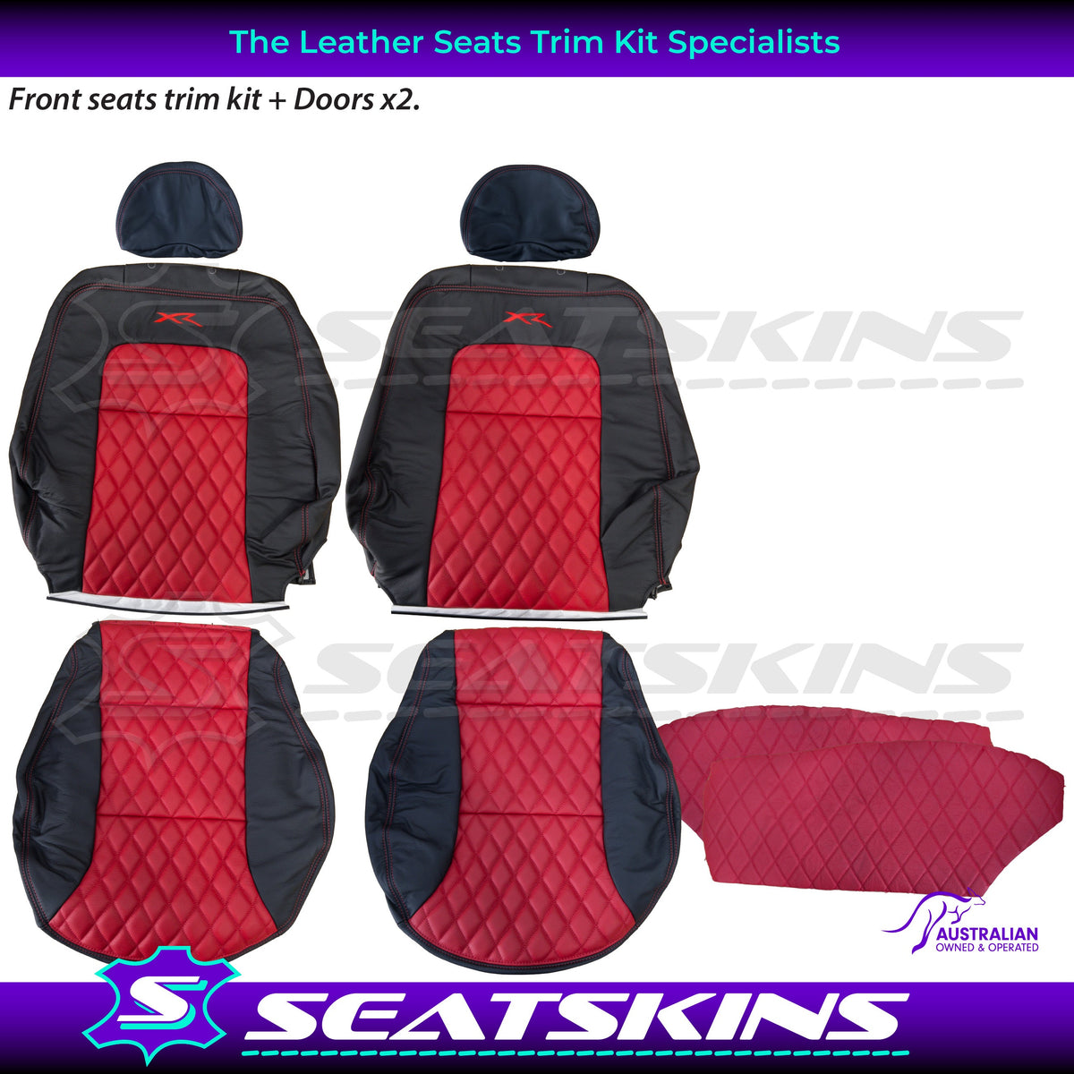 LEATHER SEATS TRIM KIT SKINS FOR FORD AU FRONT 2 SEATS RED XR LOGO DIAMOND STITCH