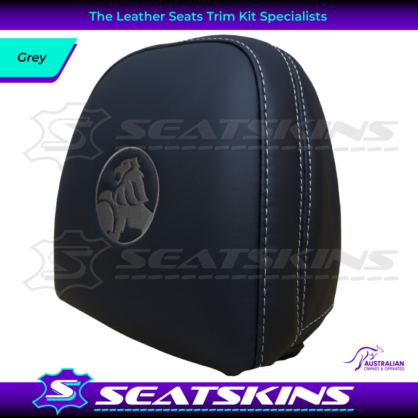 HEADREST COVERS PAIR FOR VF BLACK LEATHERETTE SILVER OR RED STITCH HOLDEN LOGO