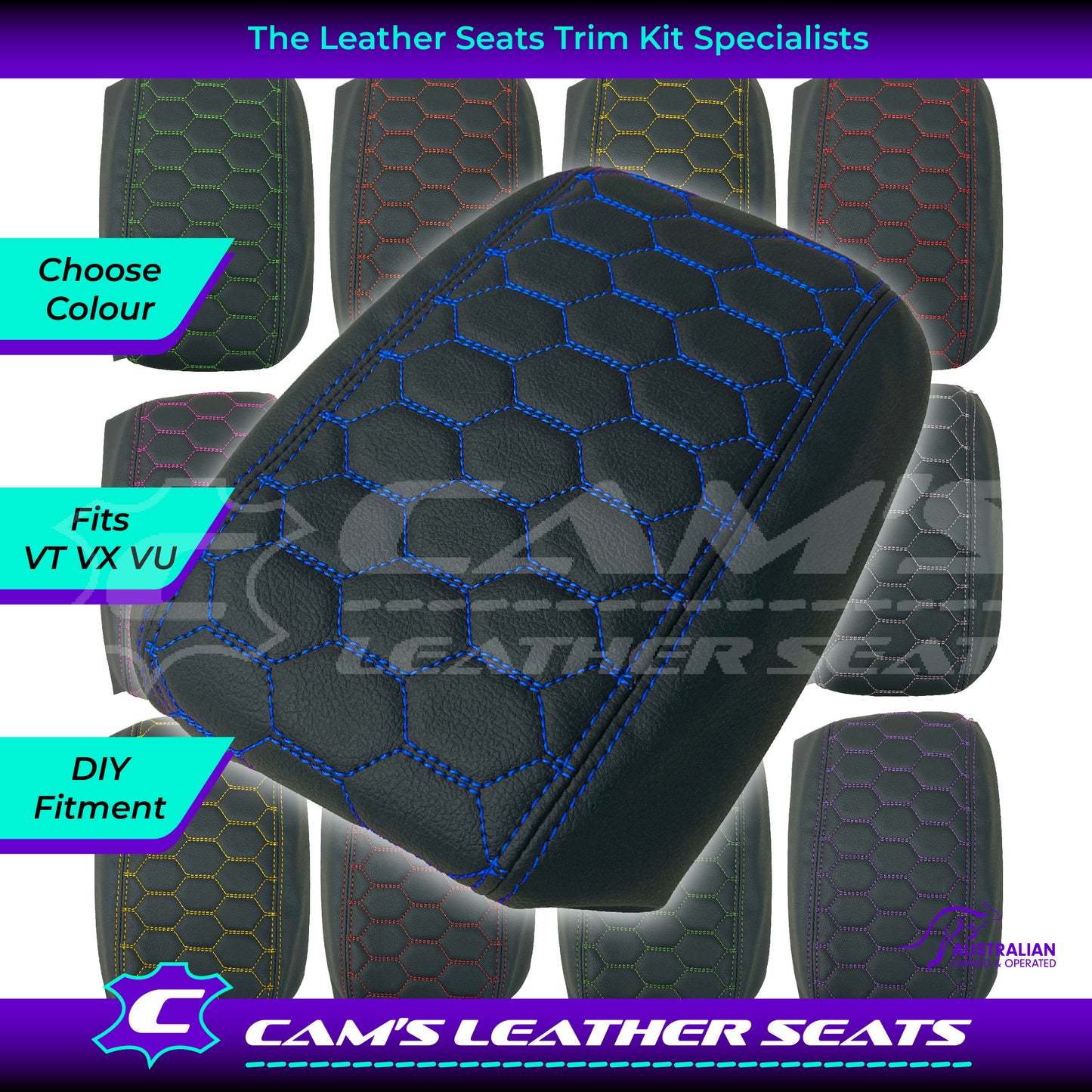 CONSOLE COVER ARM REST CUSTOM TO FIT HOLDEN VT VX VU HEXAGON STITCH CHOOSE COLOUR