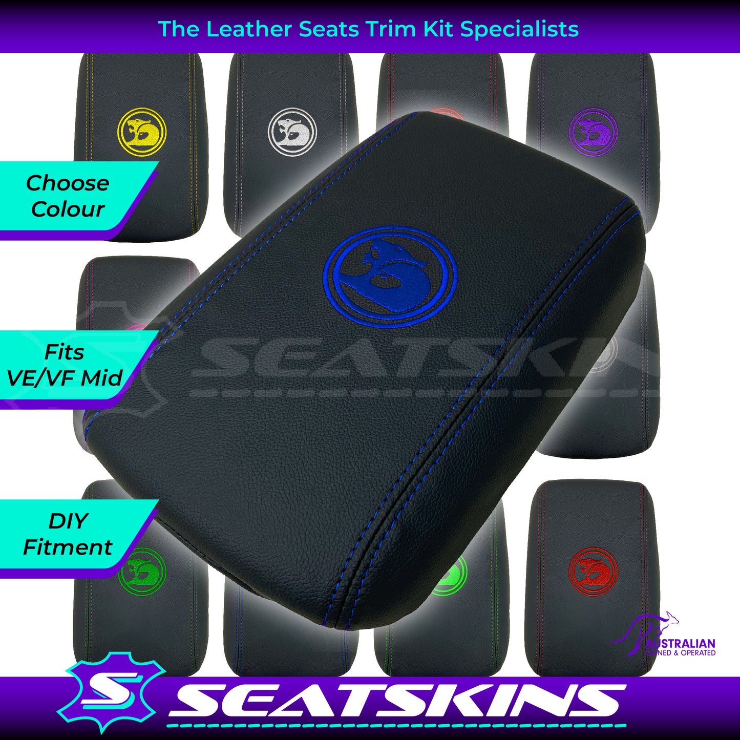 CONSOLE COVER ARM REST CUSTOM TO FIT HOLDEN VE VF HSV LOGO MID CHOOSE COLOUR