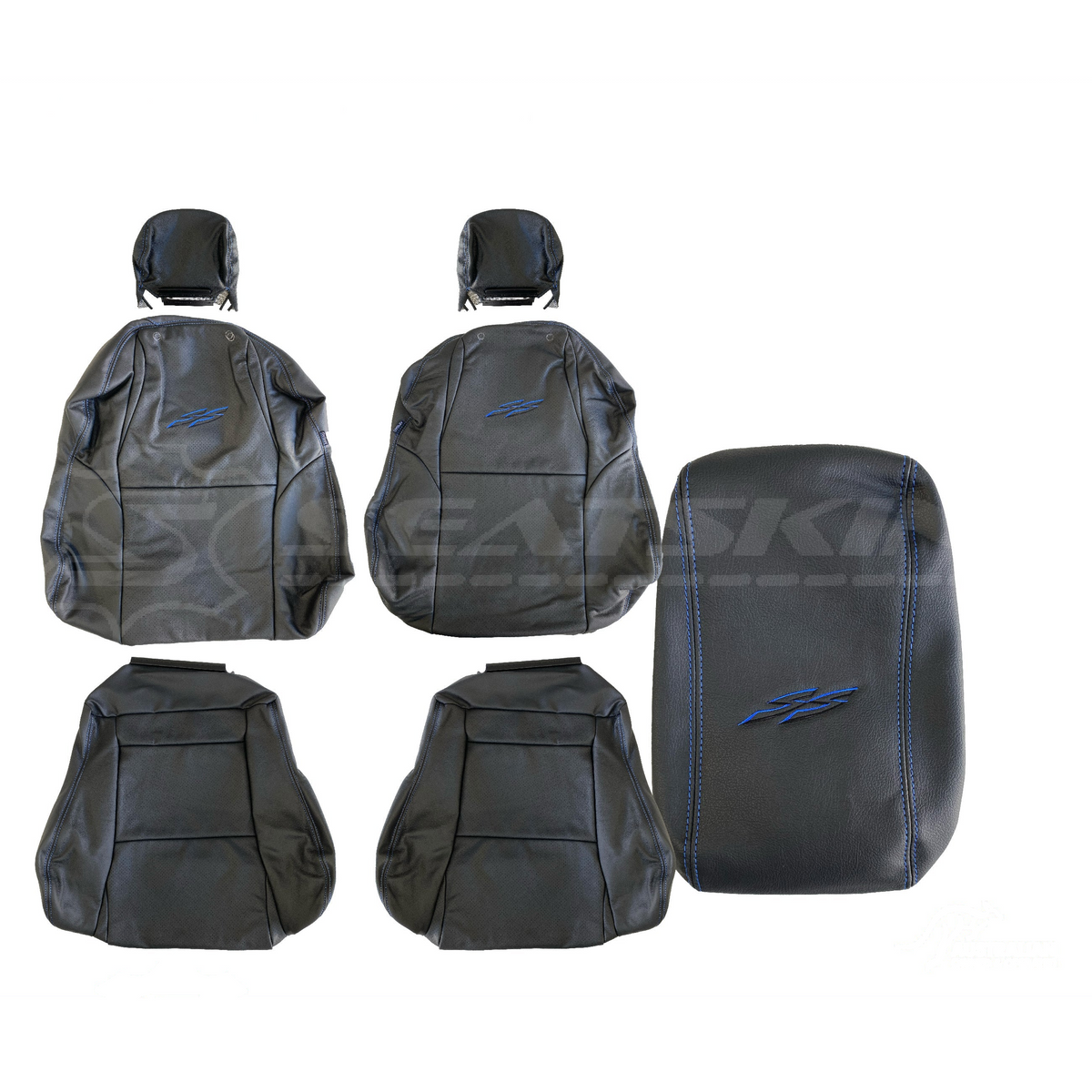LEATHER SEATS TRIM KIT SKINS TO FIT HOLDEN VY S2 OR VZ SS 5 SEATS BLACK BLUE STITCH